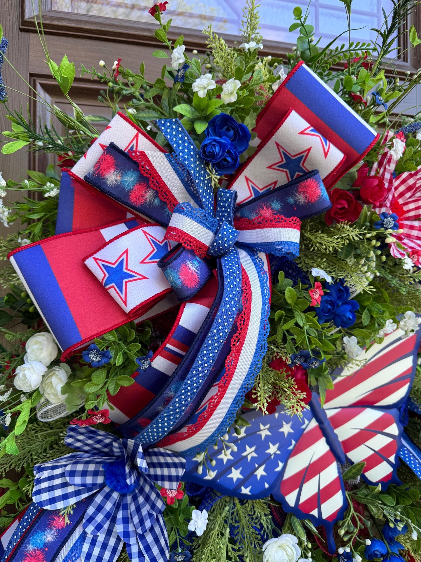 Patriotic Butterfly Wreath for Front Door, 4th of July Home Decor for Outdoor Porch or Indoor Office Wall, XL Floral Wreath Gift for Her