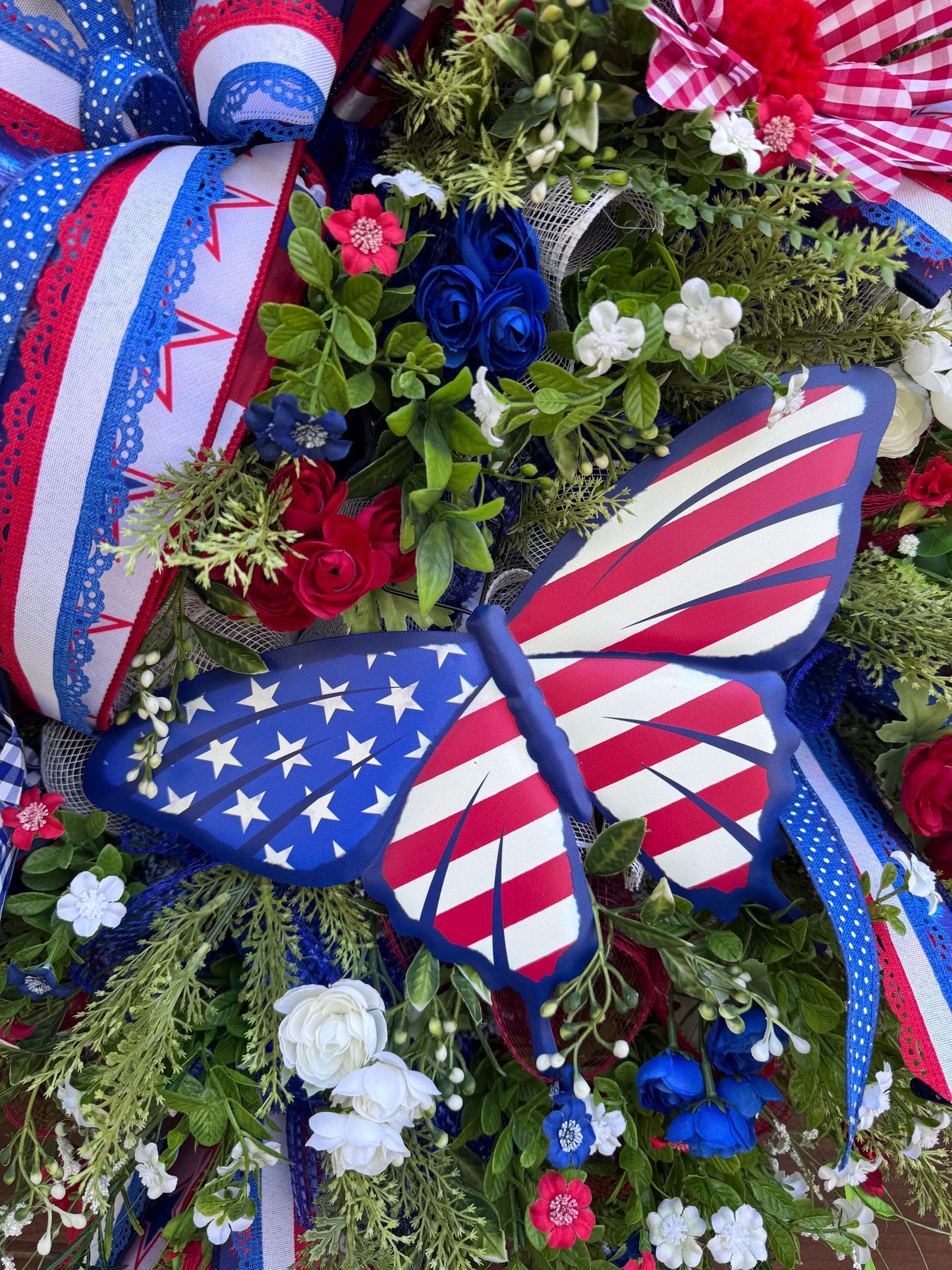 Patriotic Butterfly Wreath for Front Door, 4th of July Home Decor for Outdoor Porch or Indoor Office Wall, XL Floral Wreath Gift for Her