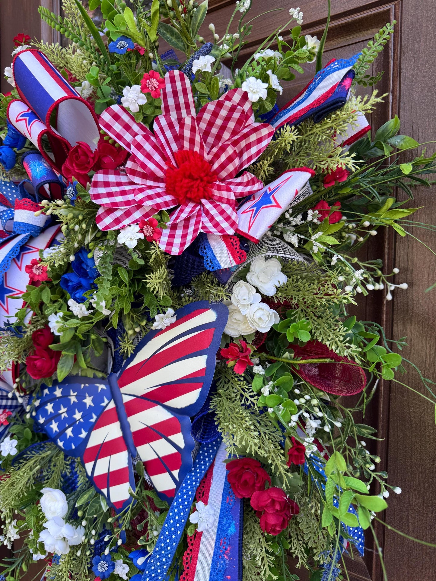 Patriotic Butterfly Wreath for Front Door, 4th of July Home Decor for Outdoor Porch or Indoor Office Wall, XL Floral Wreath Gift for Her