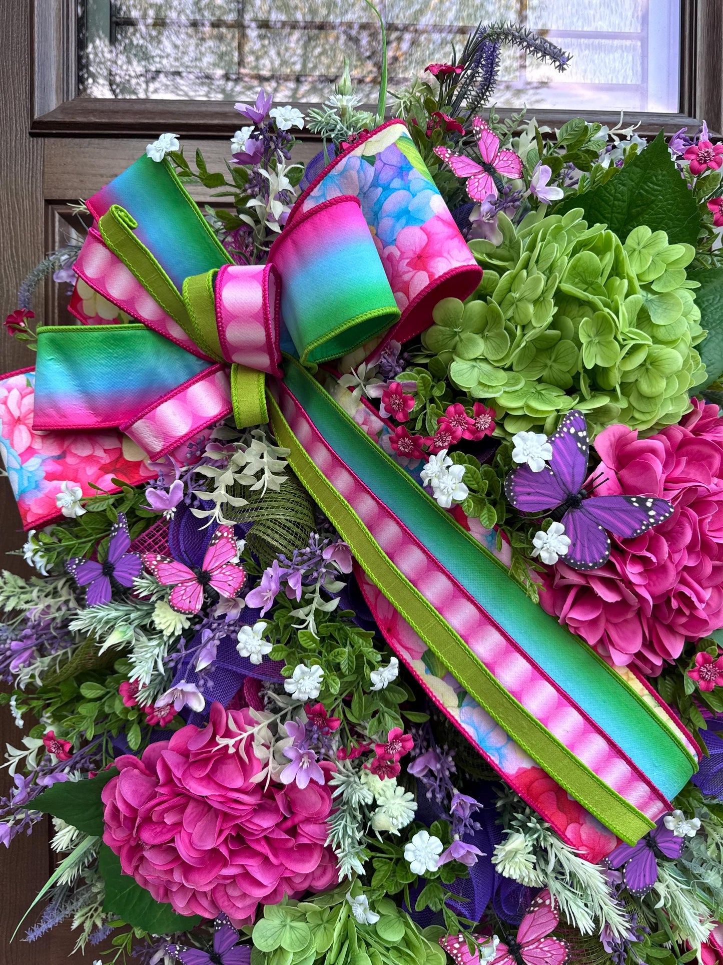 Spring Butterfly Wreath, Summer Front Door Decor, XL Hydrangea Wreath for Outdoor Porch or Indoor Office Wall Hanging, Bright Floral Wreath