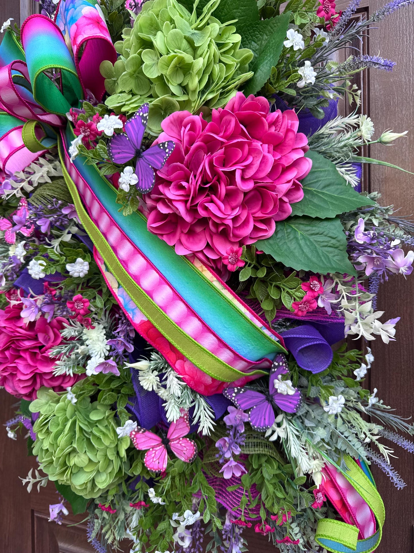 Spring Butterfly Wreath, Summer Front Door Decor, XL Hydrangea Wreath for Outdoor Porch or Indoor Office Wall Hanging, Bright Floral Wreath