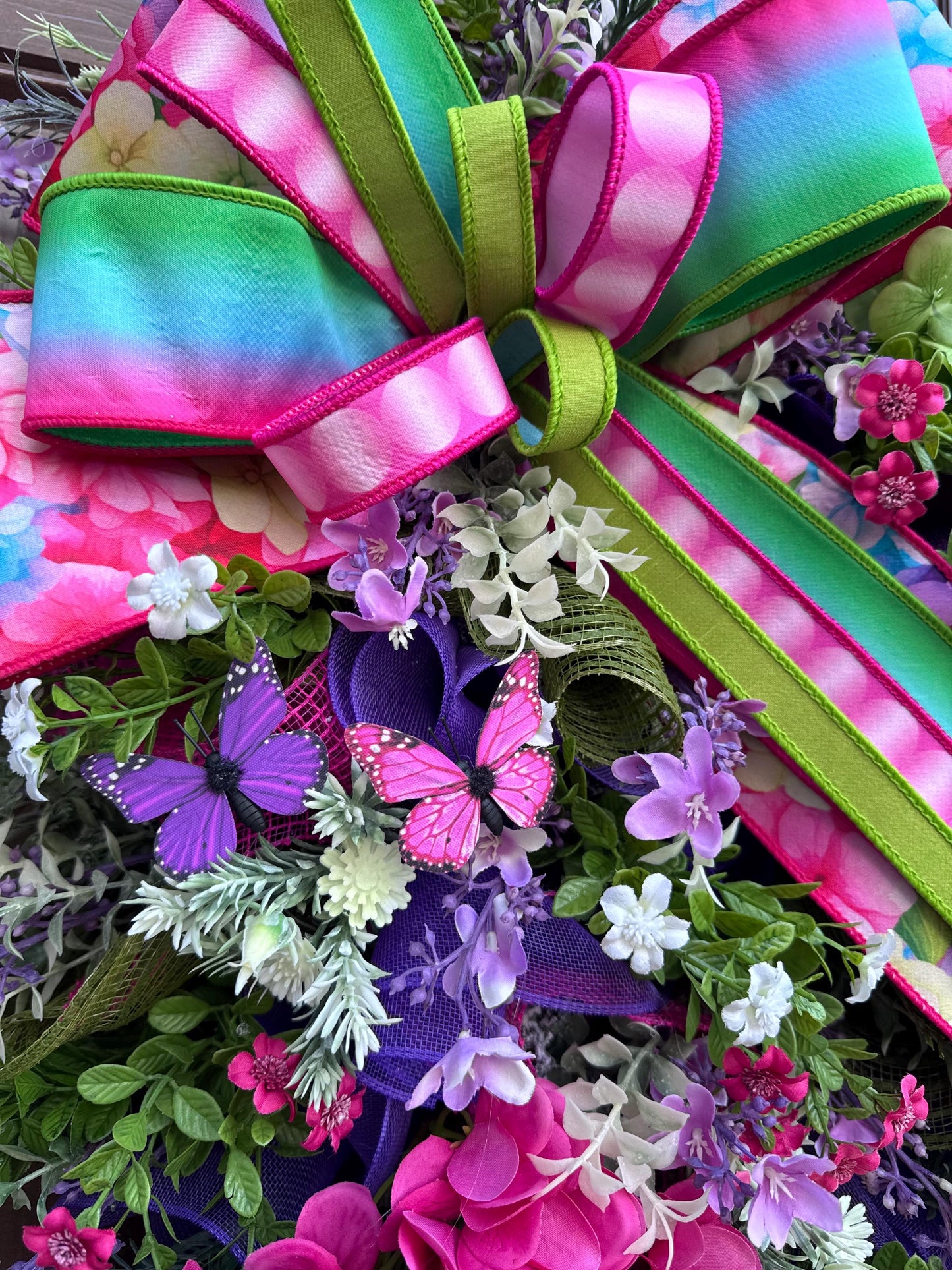 Spring Butterfly Wreath, Summer Front Door Decor, XL Hydrangea Wreath for Outdoor Porch or Indoor Office Wall Hanging, Bright Floral Wreath