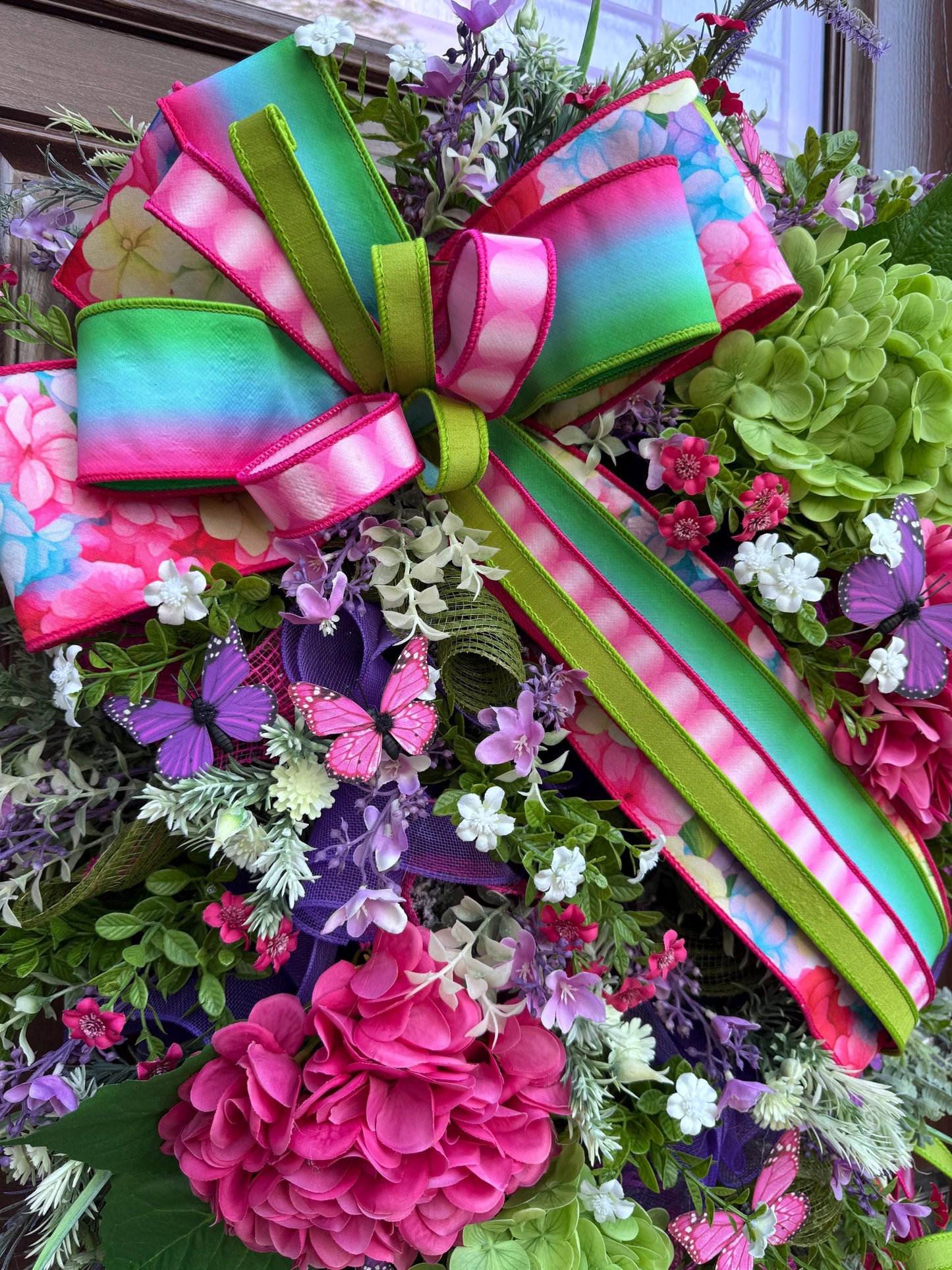 Spring Butterfly Wreath, Summer Front Door Decor, XL Hydrangea Wreath for Outdoor Porch or Indoor Office Wall Hanging, Bright Floral Wreath