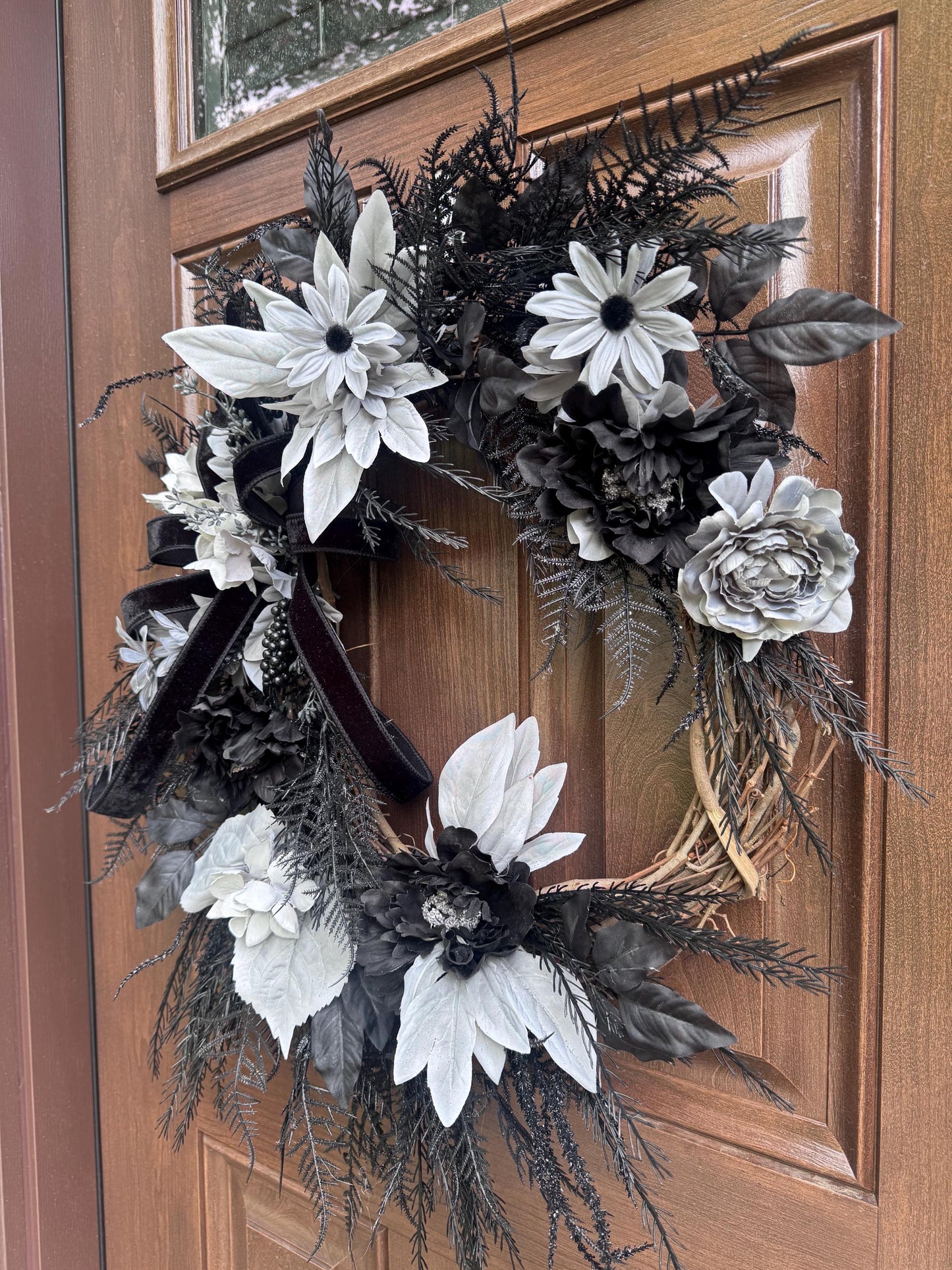 Gothic Halloween Wreath for Front Door, Black and Grey Fall Home Decor for Outdoor Porch or Indoor Office Wall Hanging Goth, Halloween Decor