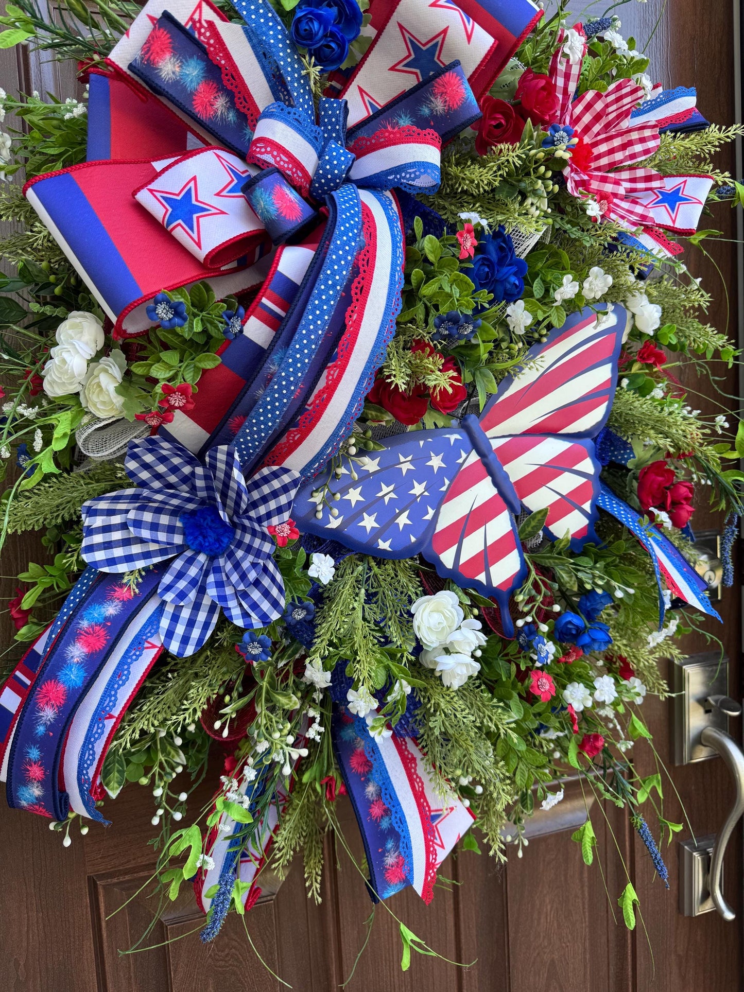 Patriotic Butterfly Wreath for Front Door, 4th of July Home Decor for Outdoor Porch or Indoor Office Wall, XL Floral Wreath Gift for Her