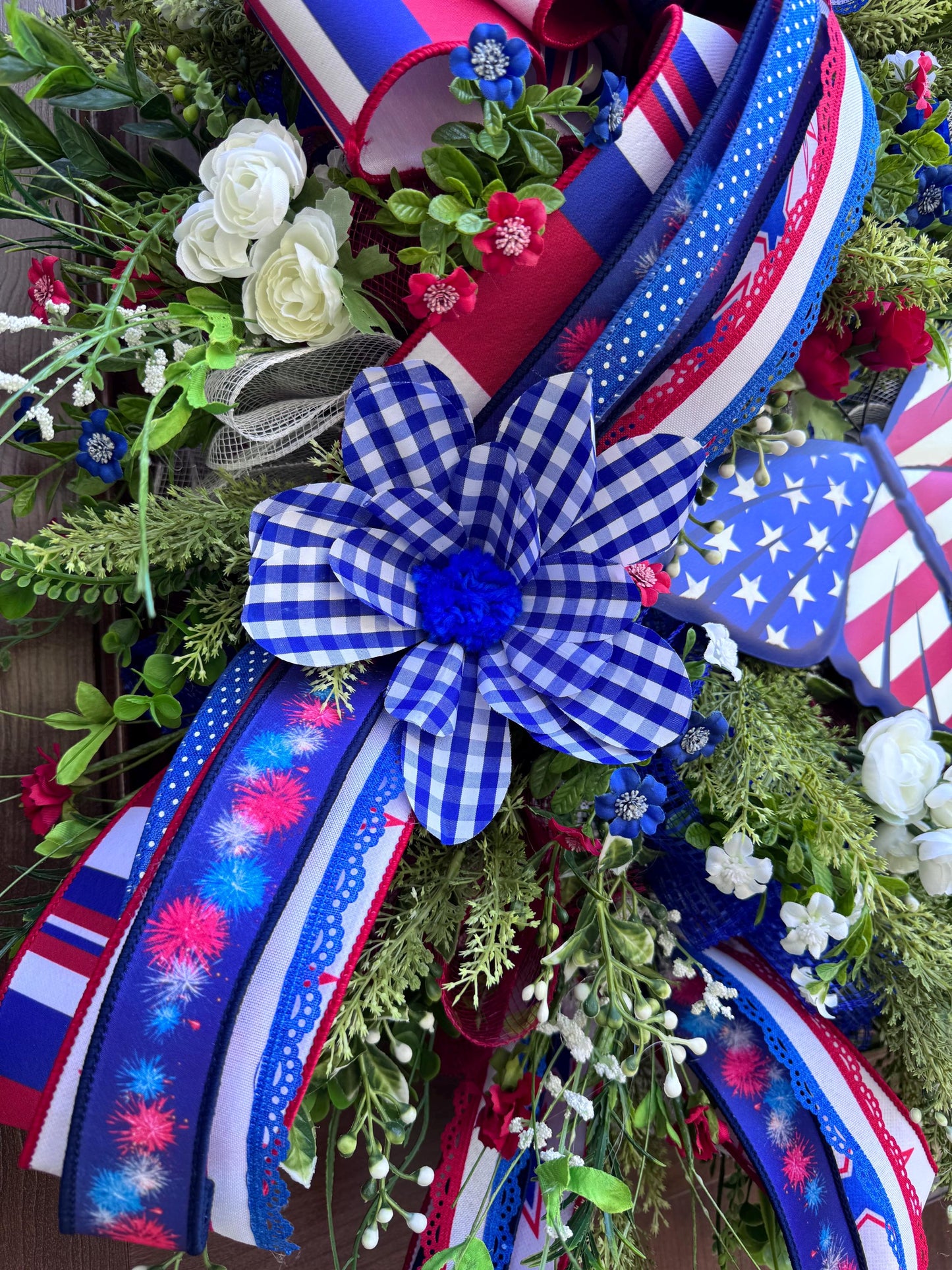 Patriotic Butterfly Wreath for Front Door, 4th of July Home Decor for Outdoor Porch or Indoor Office Wall, XL Floral Wreath Gift for Her