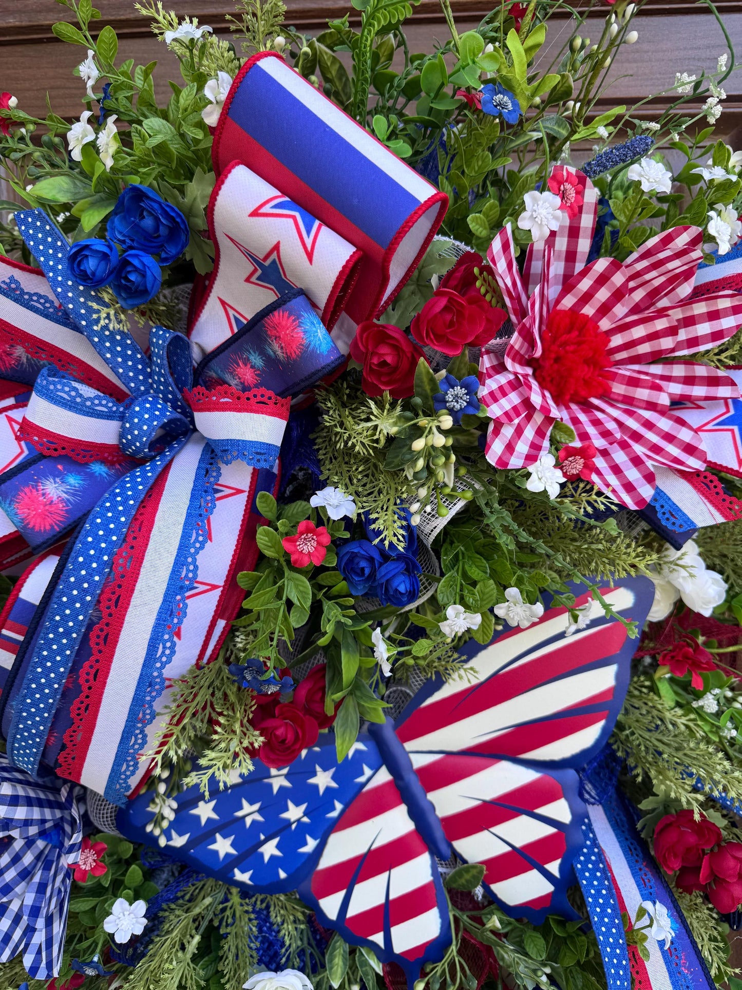 Patriotic Butterfly Wreath for Front Door, 4th of July Home Decor for Outdoor Porch or Indoor Office Wall, XL Floral Wreath Gift for Her