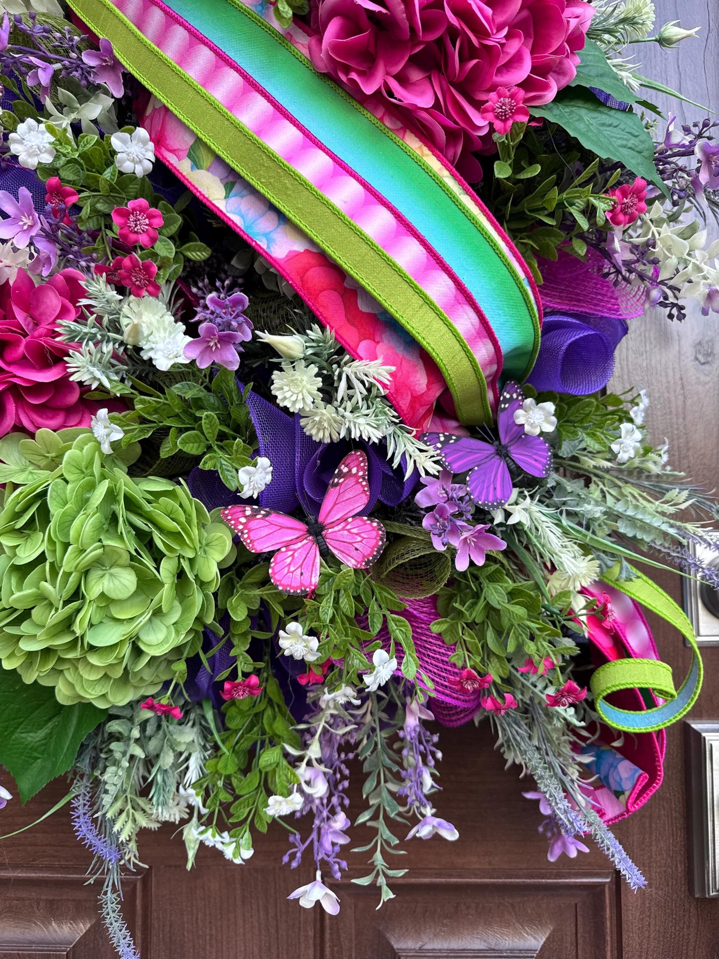 Spring Butterfly Wreath, Summer Front Door Decor, XL Hydrangea Wreath for Outdoor Porch or Indoor Office Wall Hanging, Bright Floral Wreath