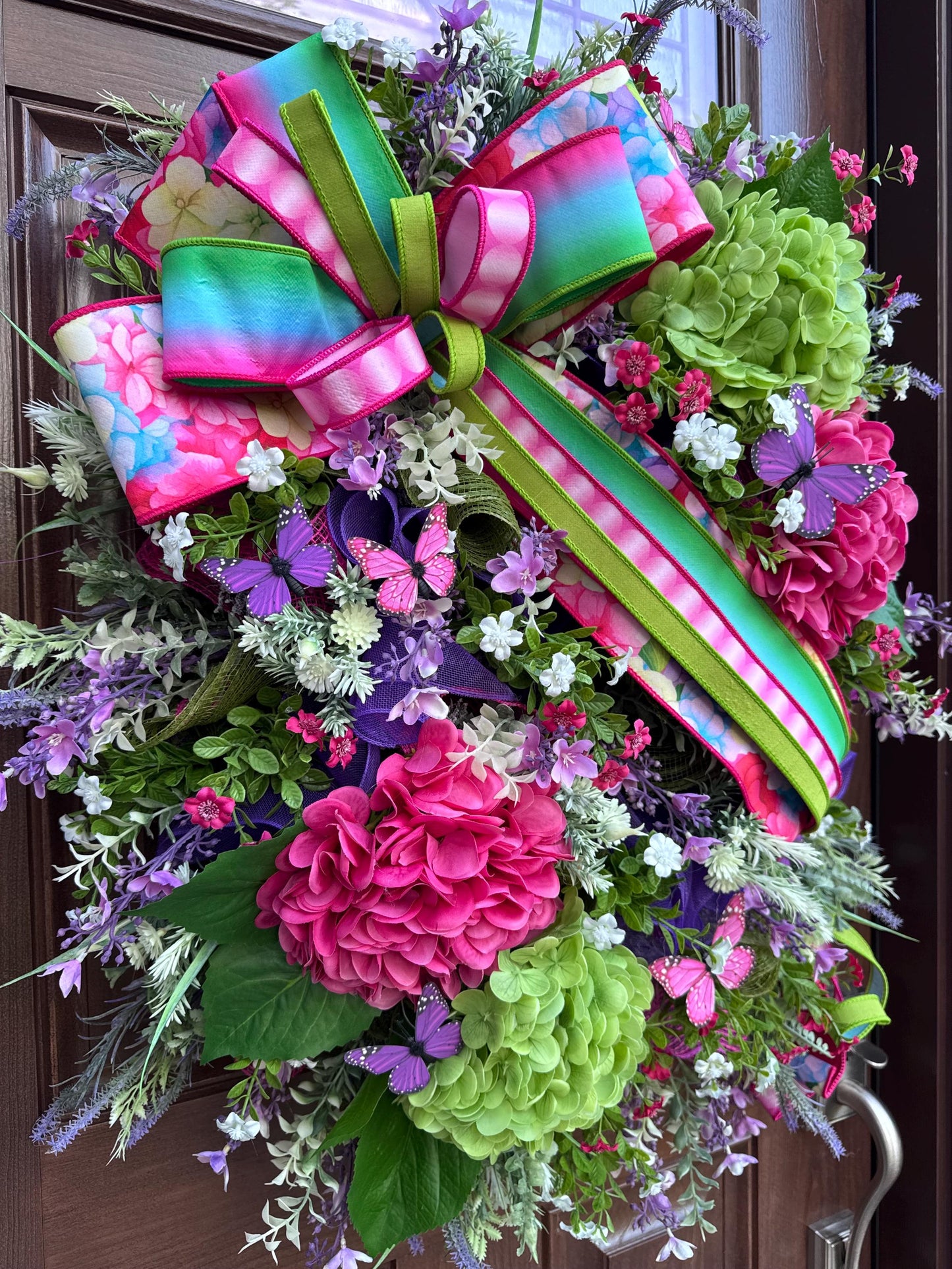 Spring Butterfly Wreath, Summer Front Door Decor, XL Hydrangea Wreath for Outdoor Porch or Indoor Office Wall Hanging, Bright Floral Wreath
