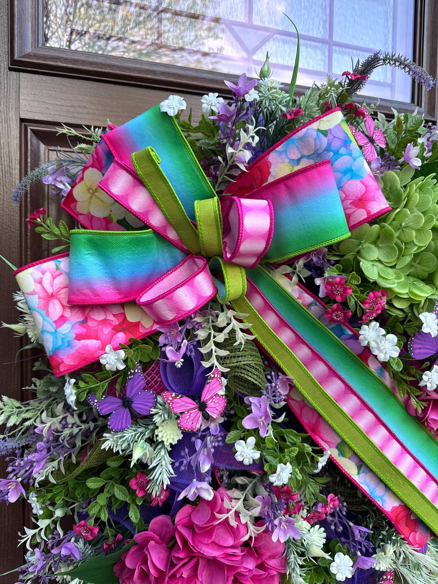 Spring Butterfly Wreath, Summer Front Door Decor, XL Hydrangea Wreath for Outdoor Porch or Indoor Office Wall Hanging, Bright Floral Wreath