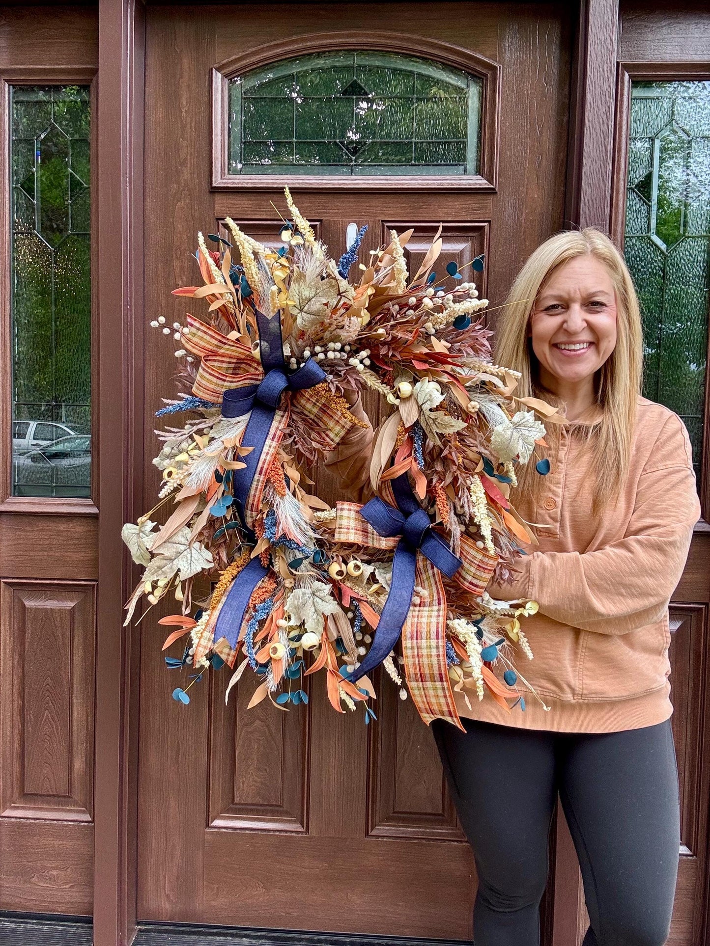 Boho Fall Grapevine Wreath with Double Bows | Pampas and Dried Floral Door Decor | Rustic Autumn Front Door Wreath | Fall Wall Decoration