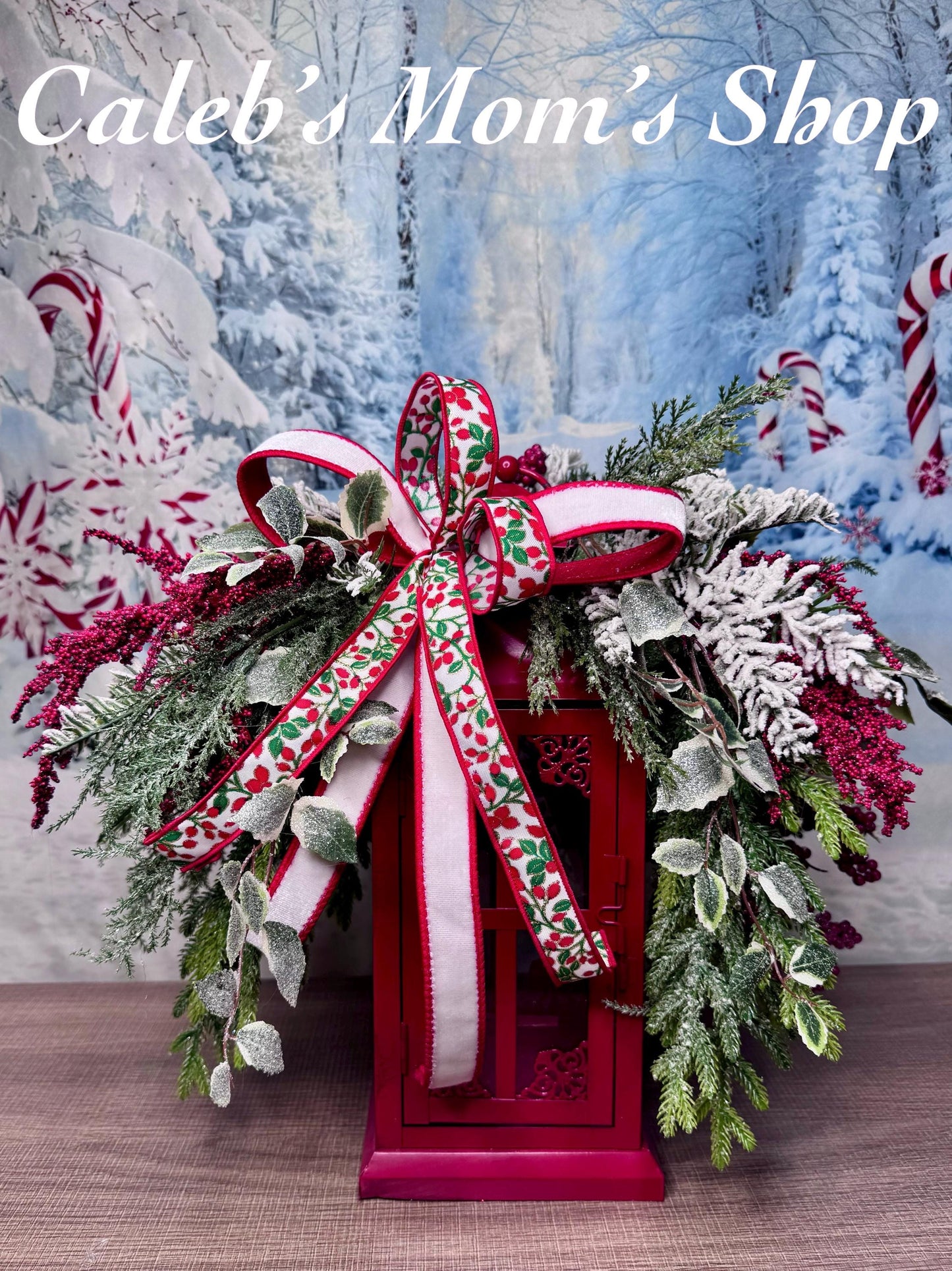 Red Christmas Lantern Arrangement with Holly Ribbon & Winter Greenery, Holiday Table Centerpiece or Mantle Decor, Holiday Decor for Porch