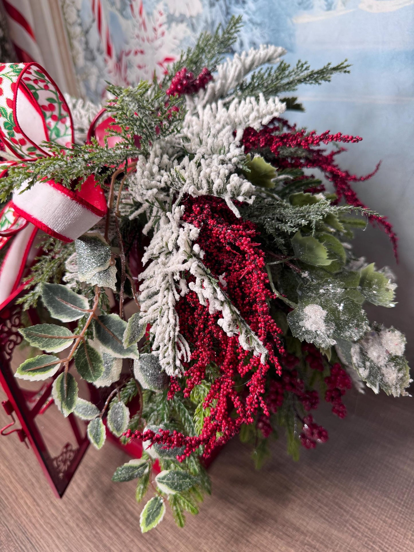 Red Christmas Lantern Arrangement with Holly Ribbon & Winter Greenery, Holiday Table Centerpiece or Mantle Decor, Holiday Decor for Porch