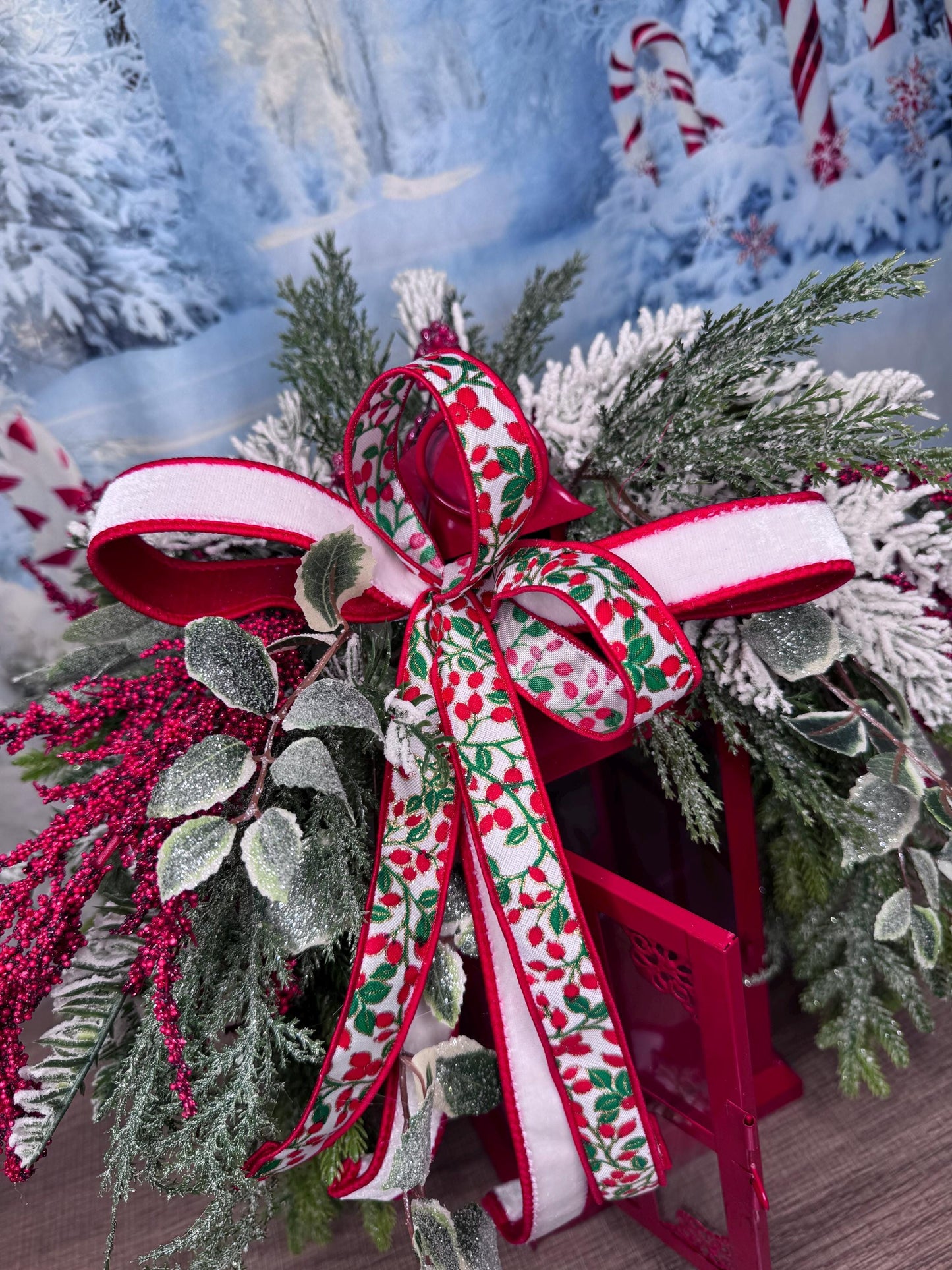 Red Christmas Lantern Arrangement with Holly Ribbon & Winter Greenery, Holiday Table Centerpiece or Mantle Decor, Holiday Decor for Porch