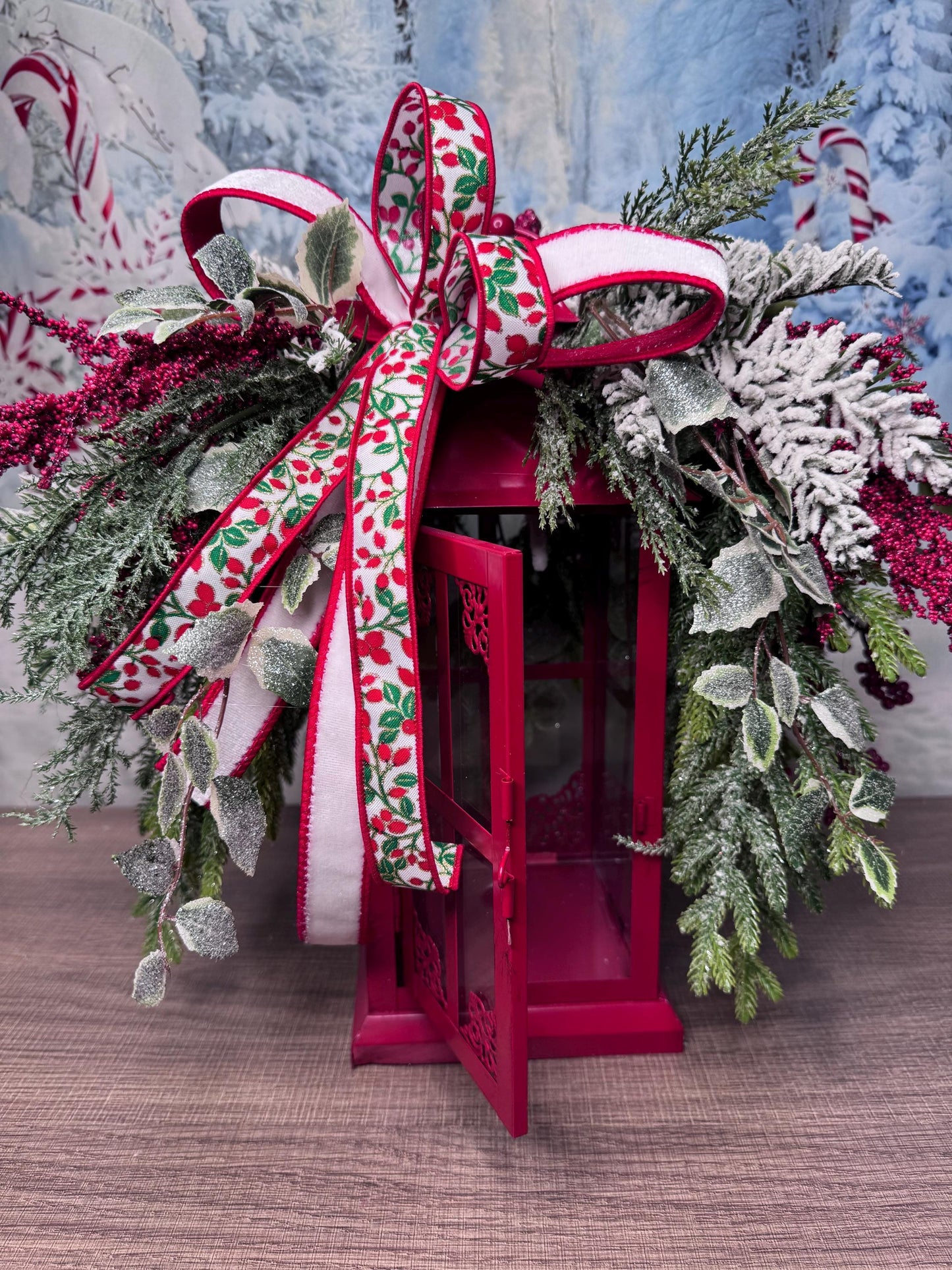 Red Christmas Lantern Arrangement with Holly Ribbon & Winter Greenery, Holiday Table Centerpiece or Mantle Decor, Holiday Decor for Porch