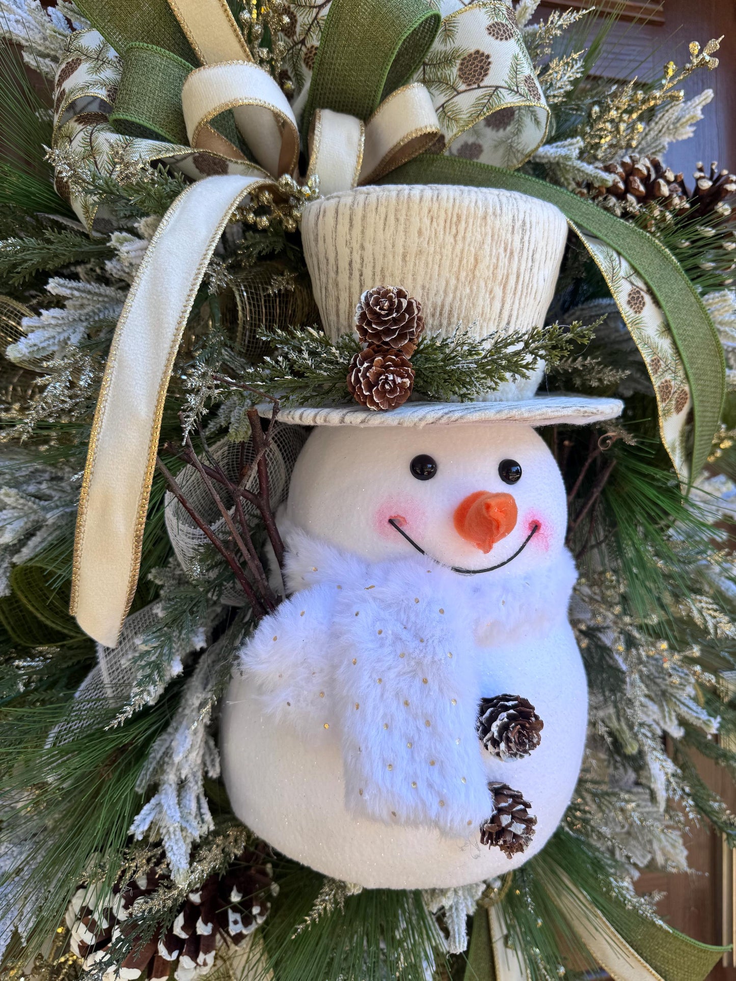Snowman Winter Wreath for Front Door, Christmas Home Decor for Outdoor Porch or Indoor Office Wall Hanging, Grey and White Snowman Decor