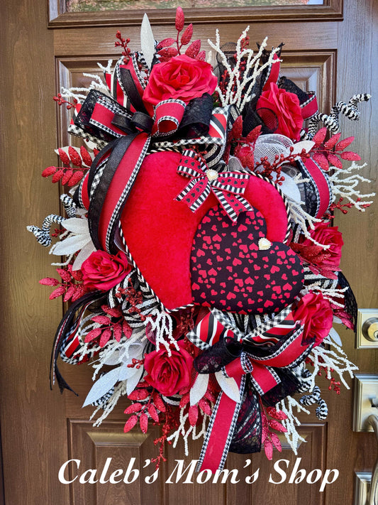 Large Heart Valentine Wreath for Front Door, Romantic Love Home Decor for Outdoor Porch or Indoor Office Hanging, Red Rose Wreath