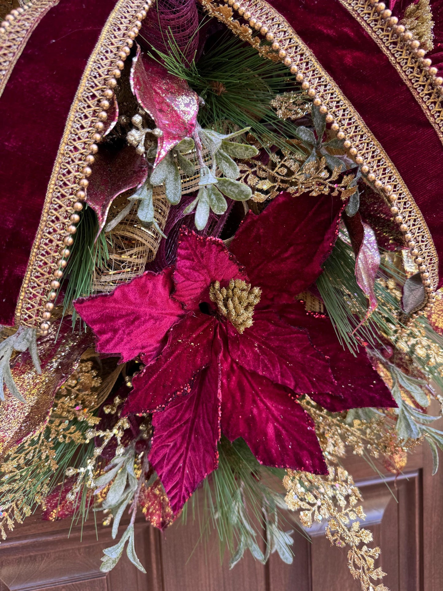 Elegant Burgundy and Gold Christmas Wreath – Velvet Bow & Poinsettias, Holiday Front Door Decor, Glamorous Winter Wreath