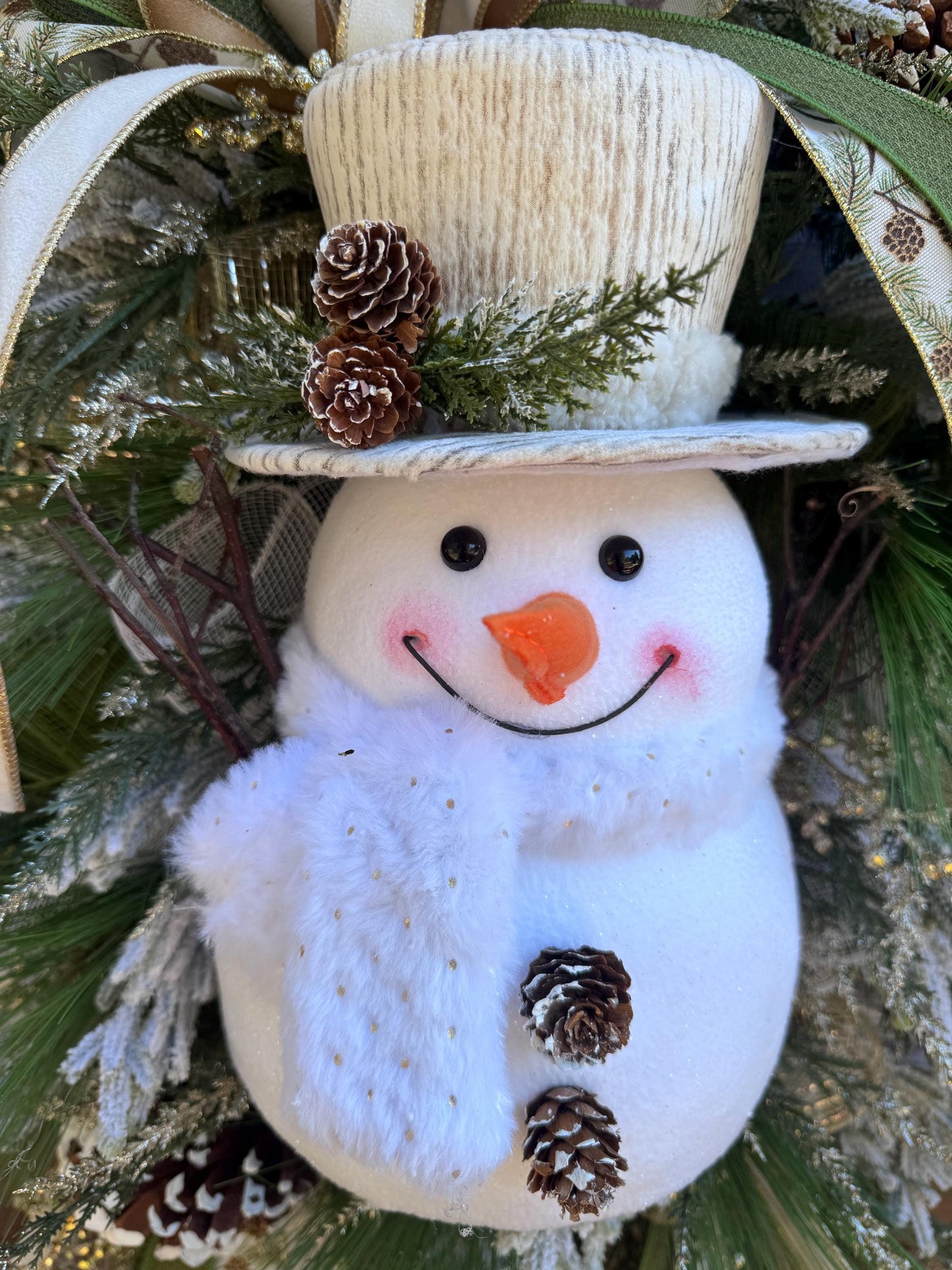 Snowman Winter Wreath for Front Door, Christmas Home Decor for Outdoor Porch or Indoor Office Wall Hanging, Grey and White Snowman Decor