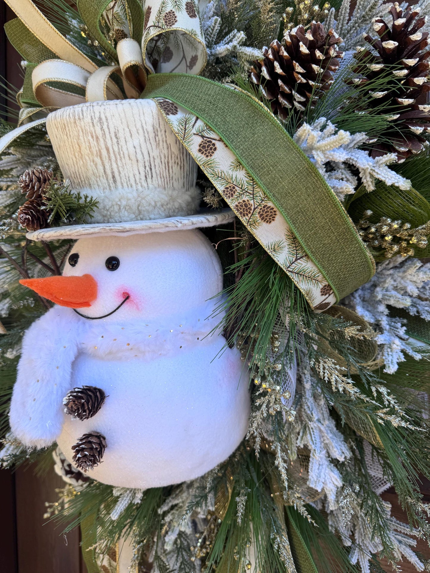 Snowman Winter Wreath for Front Door, Christmas Home Decor for Outdoor Porch or Indoor Office Wall Hanging, Grey and White Snowman Decor