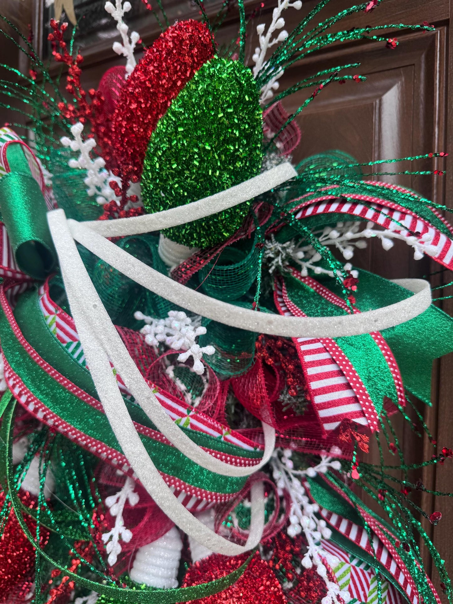 Whimsical Christmas Wreath with Glittered Lights and Ribbons – Red and Green Holiday Door Decor