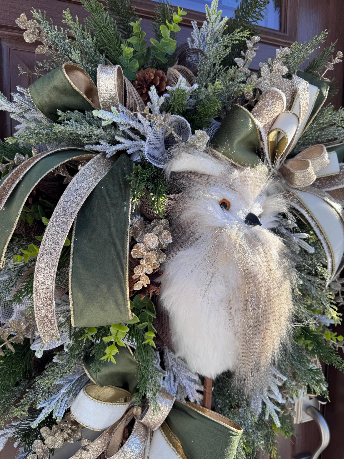 Rustic Winter Owl Wreath, Luxury Holiday Wall Hanger, Elegant Winter Wedding Centerpiece, Hostess Gift