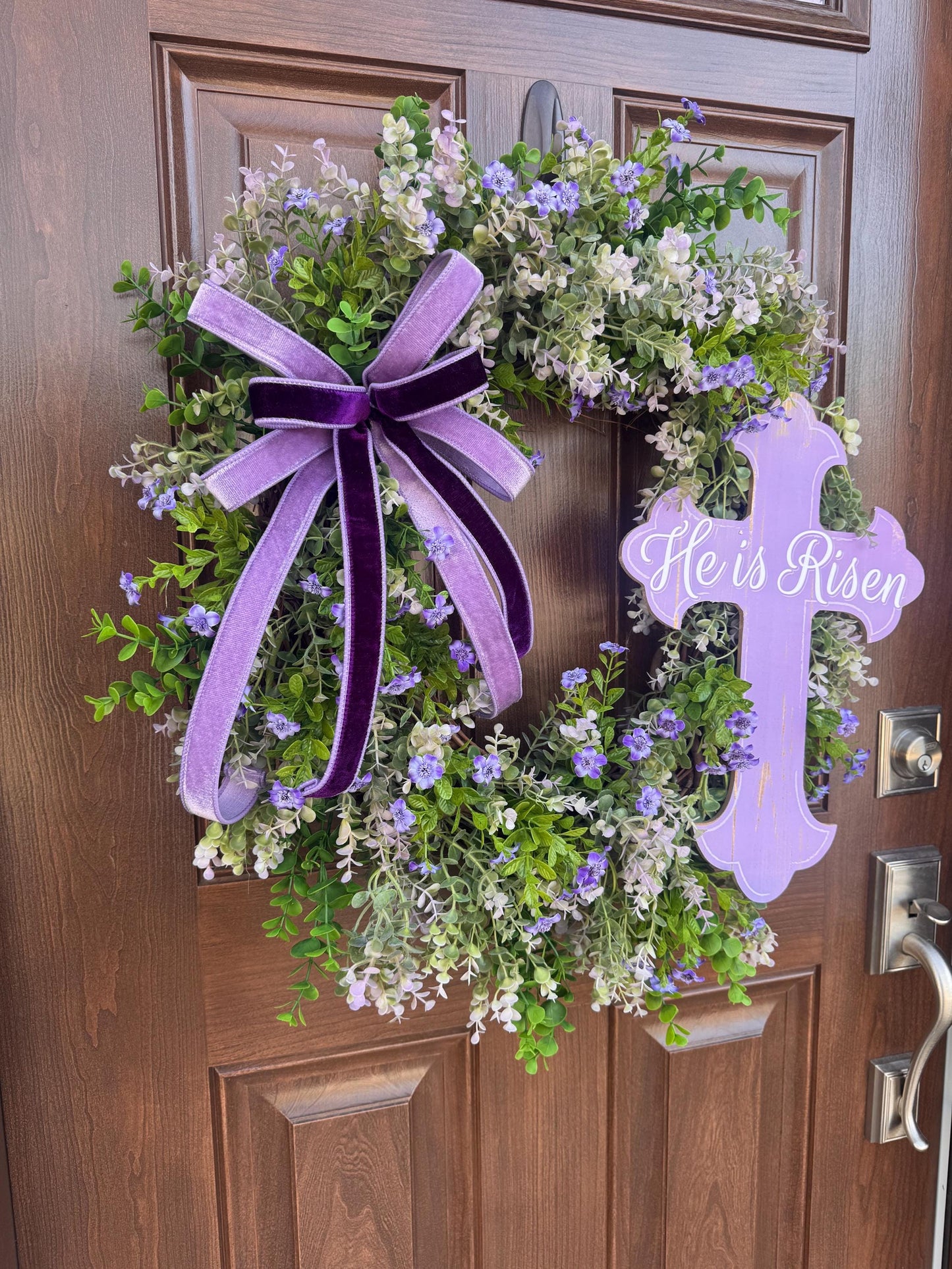He Is Risen Easter Wreath, Purple Cross Spring Wreath, Christian Front Door Decor, Religious Hanger, Faith Based Spring Accent