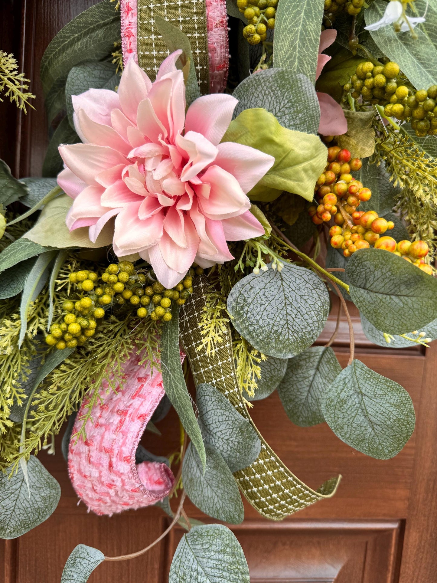 Pink Spring Grapevine Wreath with Greenery, Floral Front Door Wreath