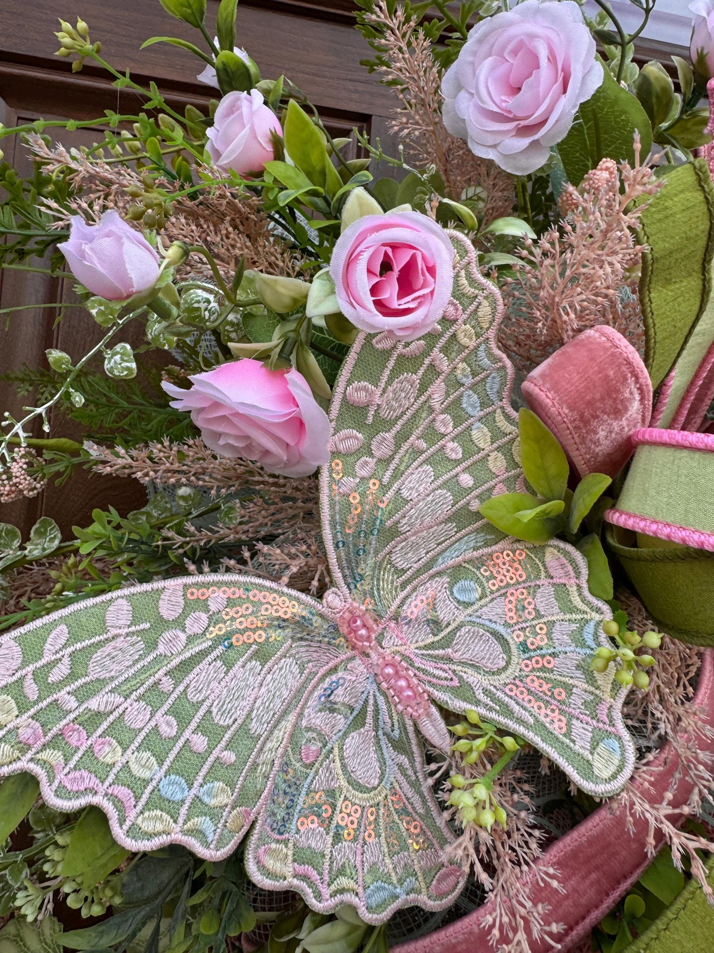 Pink and Green Butterfly Wreath, Spring Floral Swag, Romantic Rose Door Hanger, Garden Inspired Spring Home Decor