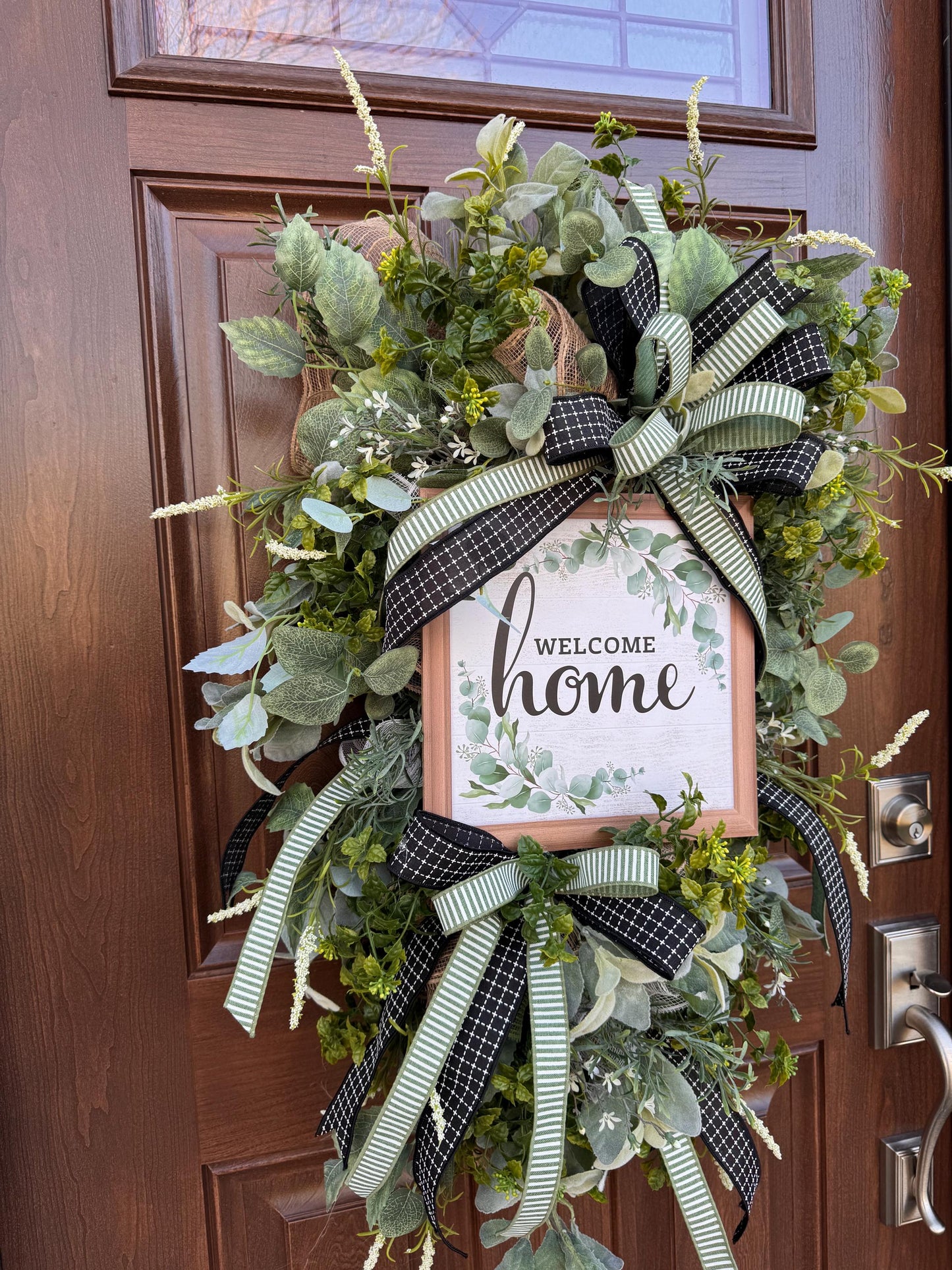 Welcome Home Wreath, Everyday Front Door Decor, Farmhouse Greenery Hanger with Welcome Sign, Year Round Door Decoration