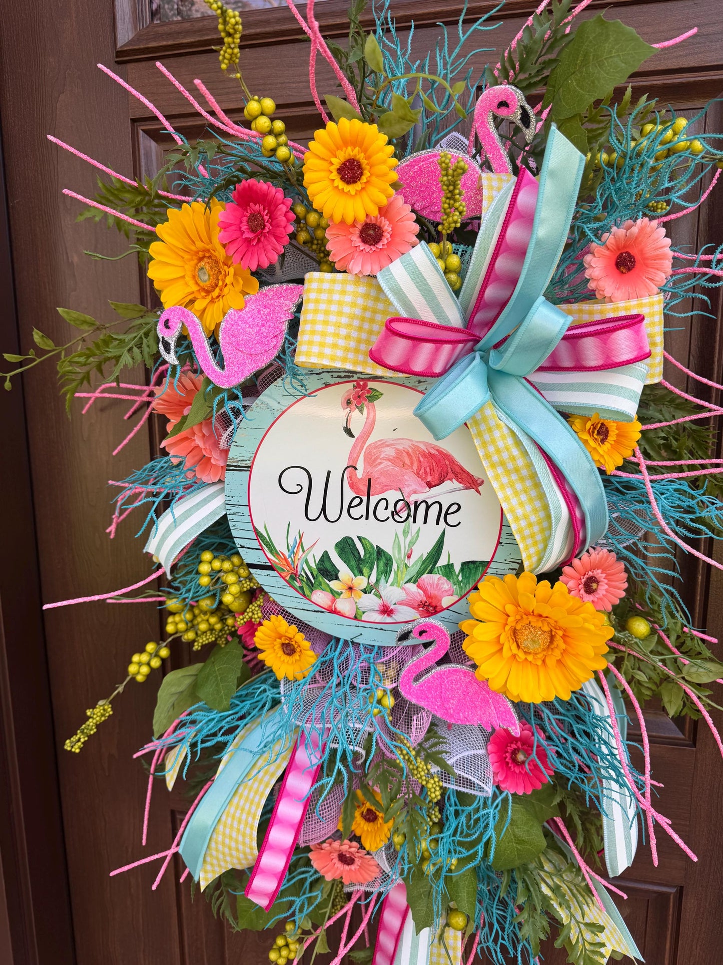 Flamingo Welcome Wreath, Tropical Summer Door Swag, Pink Yellow Teal Front Door Decor, Bright Floral Wreath, Beach House Accent