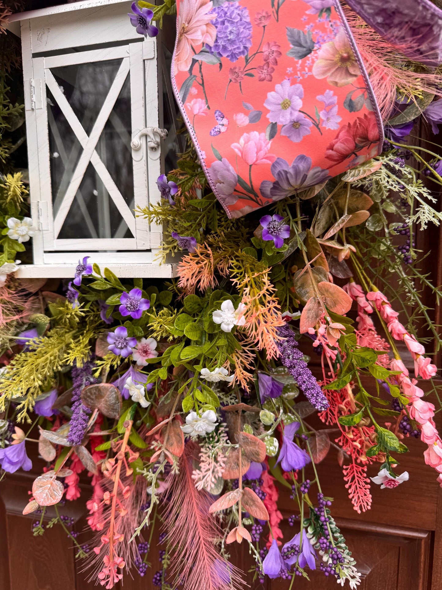 Spring Floral Lantern Wreath, Pink Purple Wildflower Wreath, Cottage Garden Door Decor, Large Front Door Wreath, Mother’s Day Gift