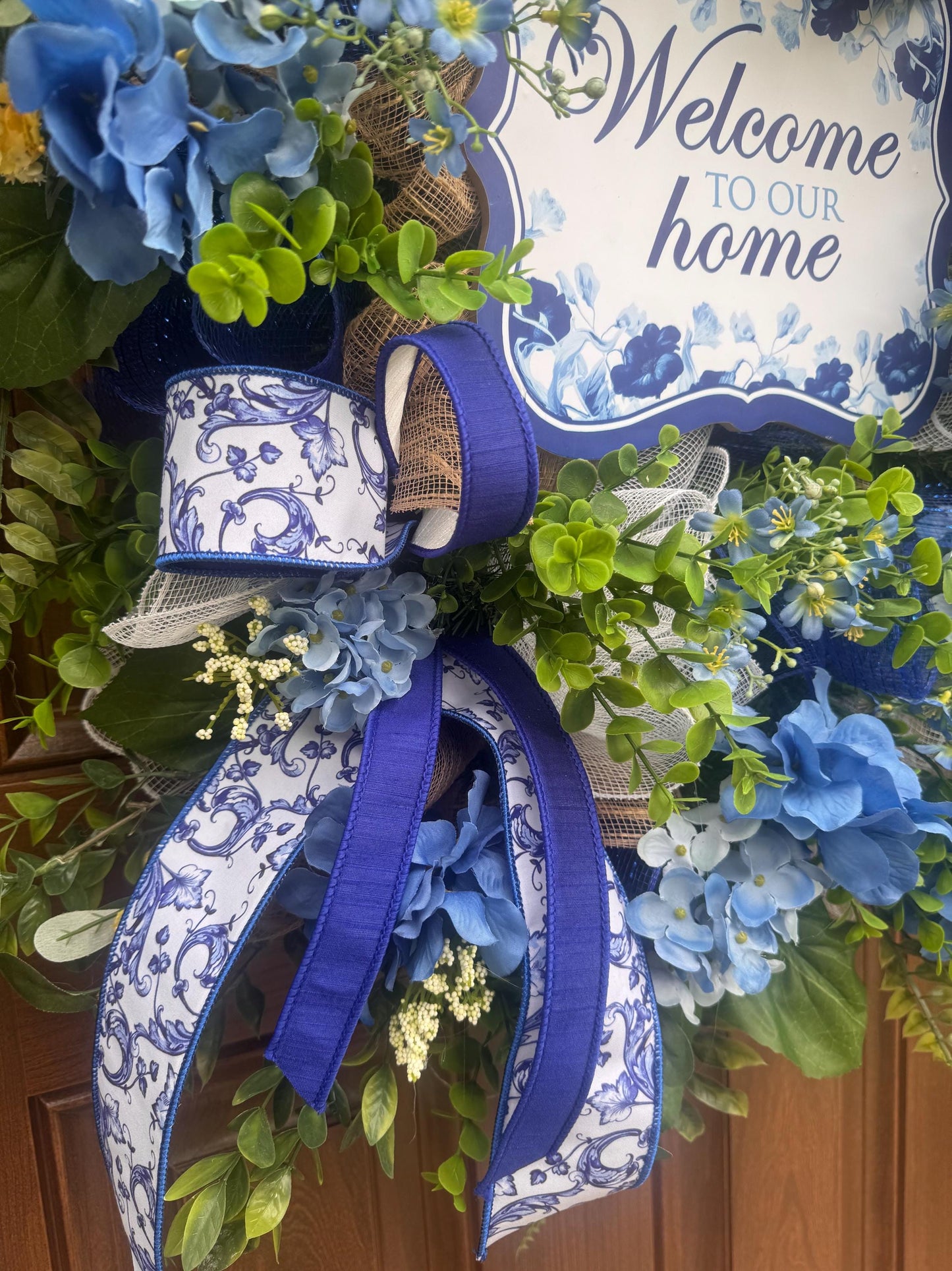 Blue Hydrangea Wreath, Welcome Door Wreath, Blue & White Front Door Decor, Spring Summer Wreath, Farmhouse Porch Decoration