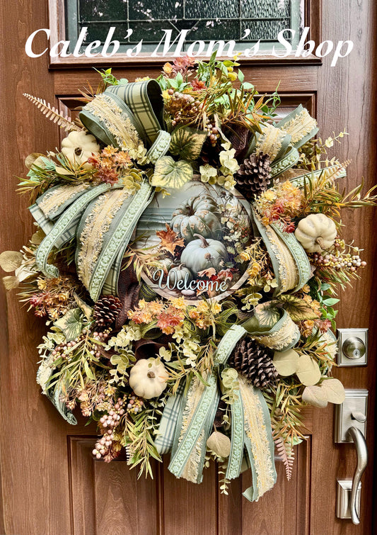 Welcome Fall Wreath, Rustic Autumn Door Decor, Woodland Pumpkin Wreath, Farmhouse Thanksgiving Hanger