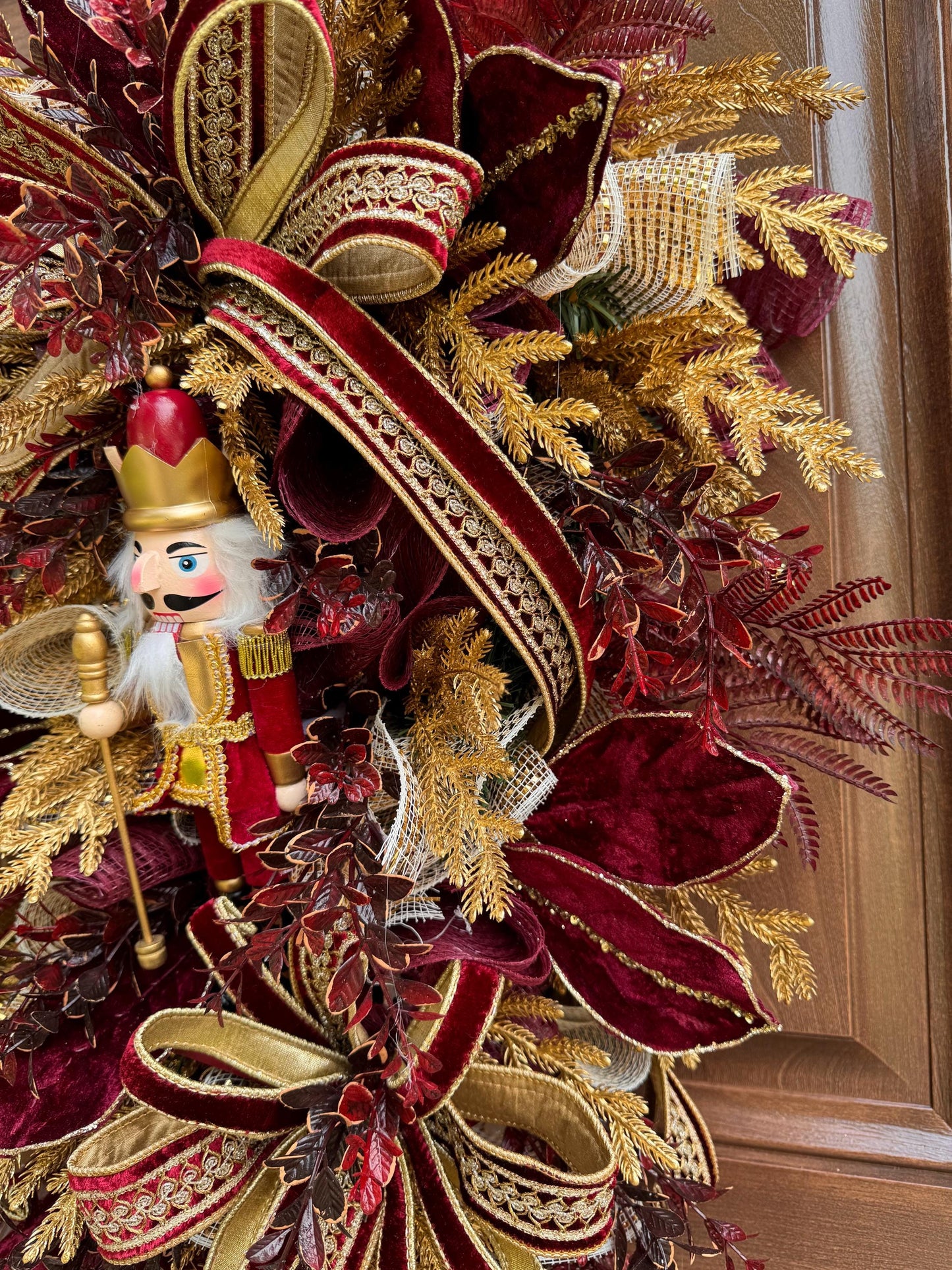 Burgundy Gold Nutcracker Christmas Swag, Luxury Christmas Door Wreath, Elegant Holiday Front Door Decor, Christmas Porch Decor