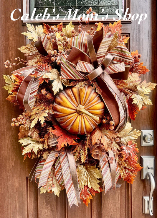 Copper Fall Pumpkin Wreath, XL Large Autumn Door Decor for Outdoor Porch or Indoor Office Wall Hanger, Fall Hostess Gift for Her