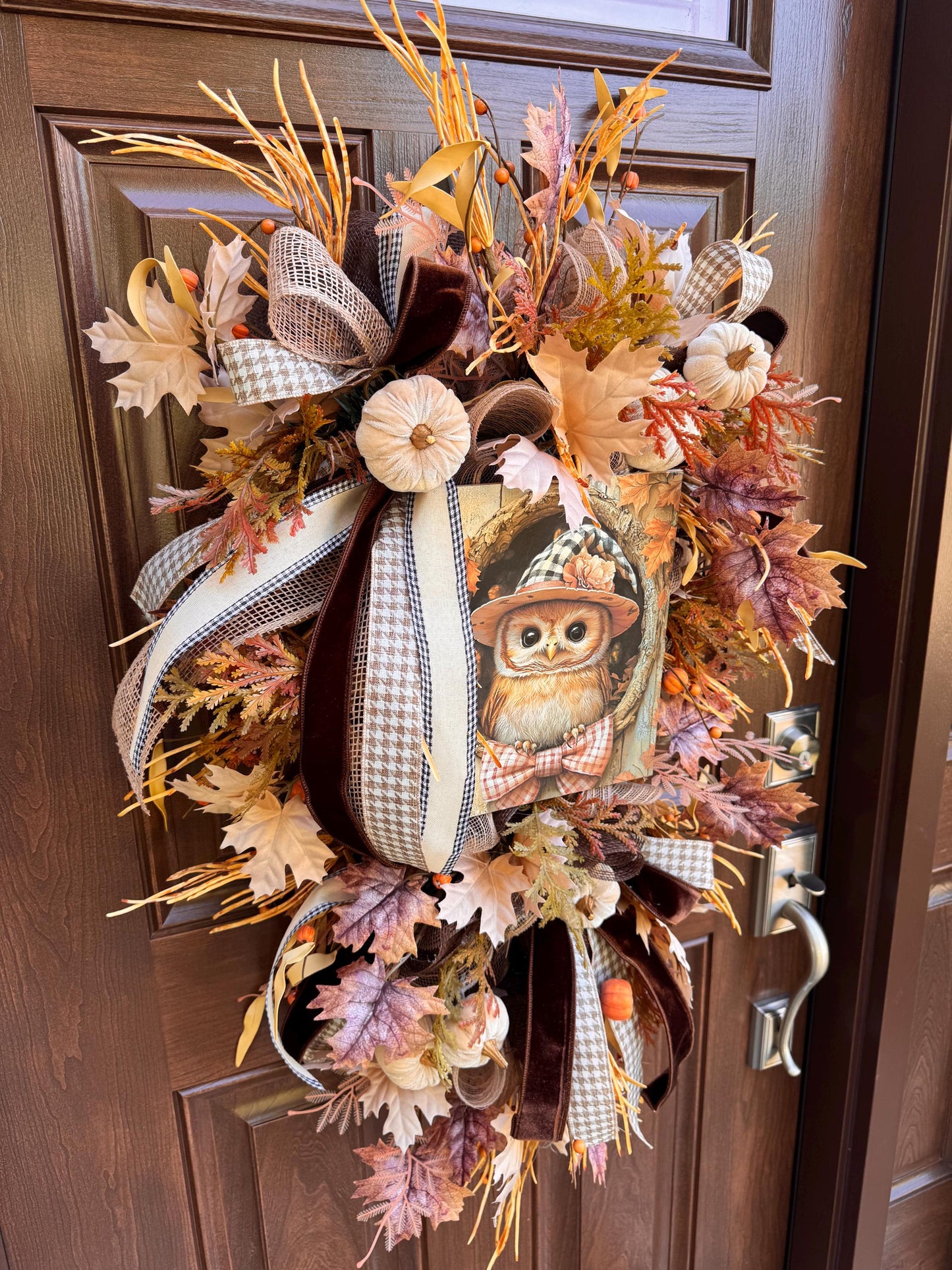 Fall Owl Wreath for Front Door, Neutral Autumn Pumpkin Wreath for Outdoor Porch, Woodland Owl Decor, Rustic Fall Door Hanger