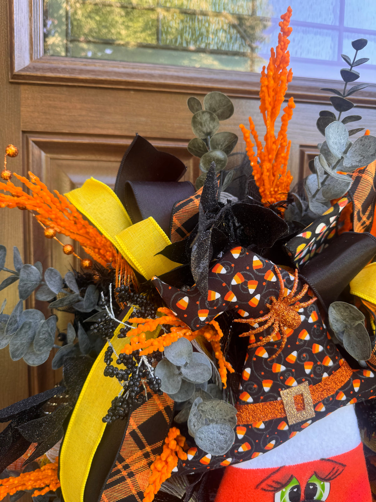 Candy Corn Witch Wreath for Front Door Whimsical Halloween Home Decor for Outdoor Porch or Indoor Office Wall Hanging Halloween Goth Party