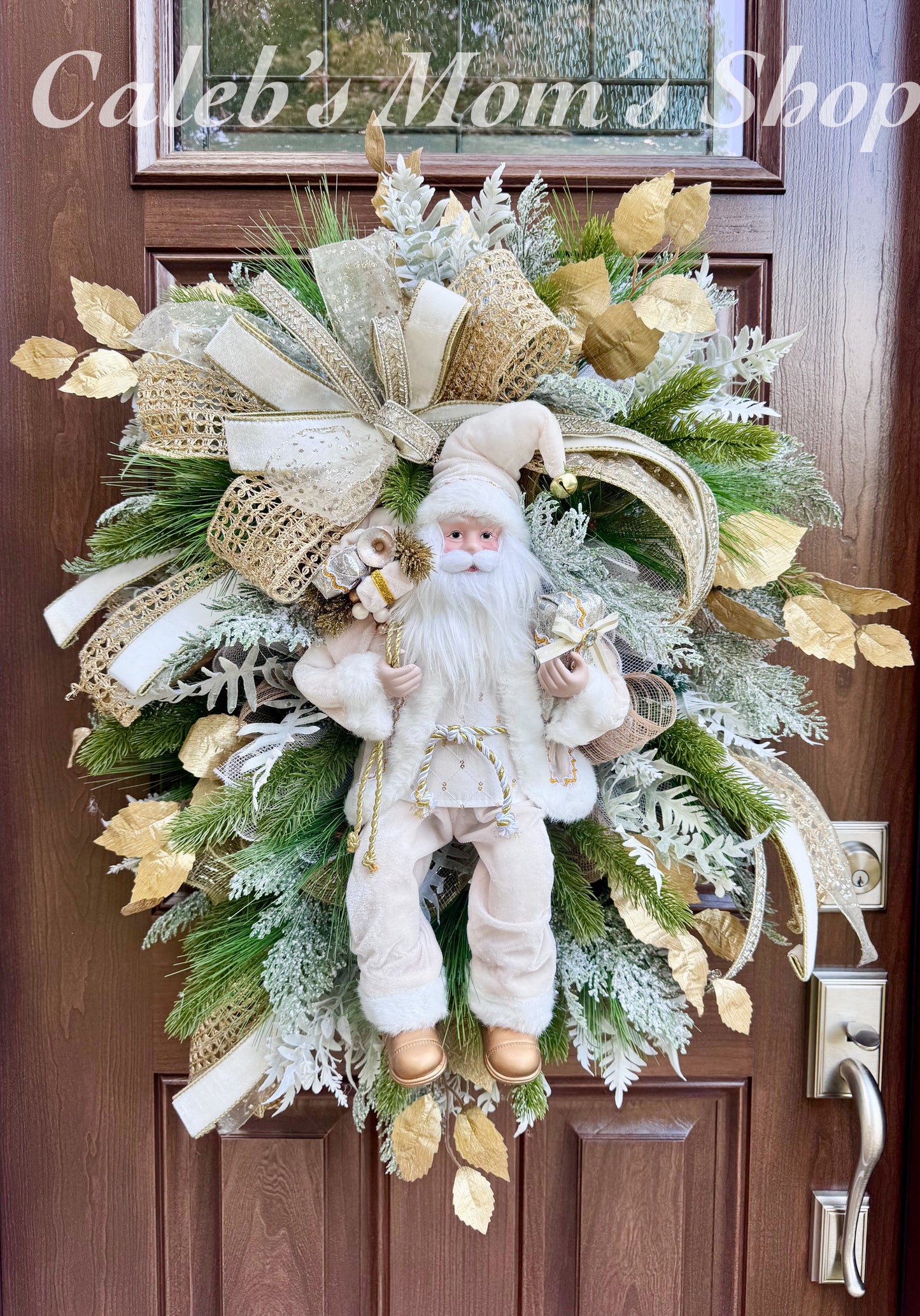 Elegant Santa Christmas Swag Wreath – White & Gold Holiday Door Decor
