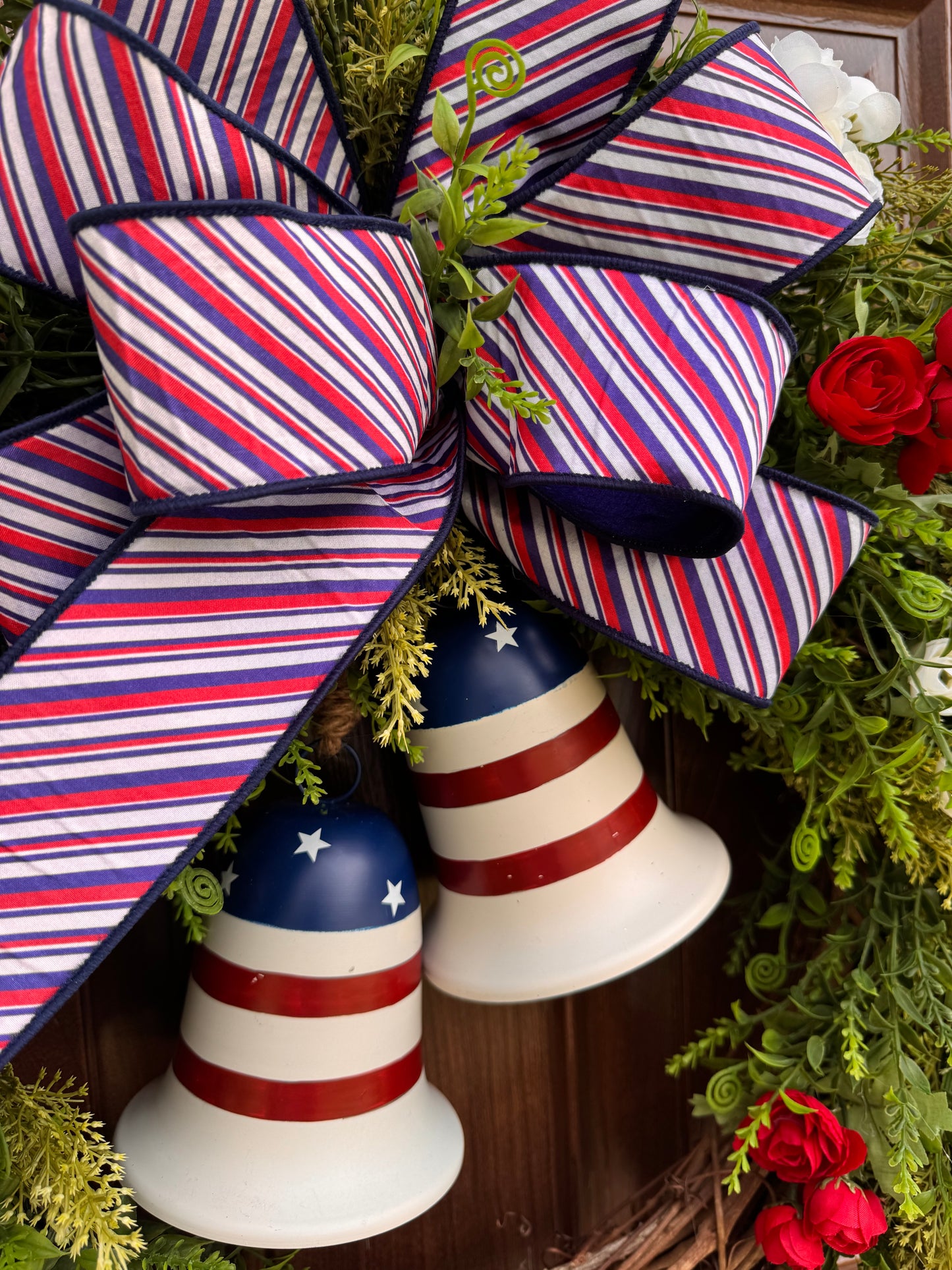 Patriotic Grapevine Wreath with Bells, Red White Blue Front Door Wreath, Americana Summer Door Decor