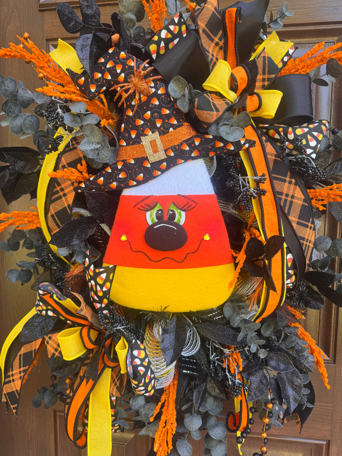 Candy Corn Witch Wreath for Front Door Whimsical Halloween Home Decor for Outdoor Porch or Indoor Office Wall Hanging Halloween Goth Party