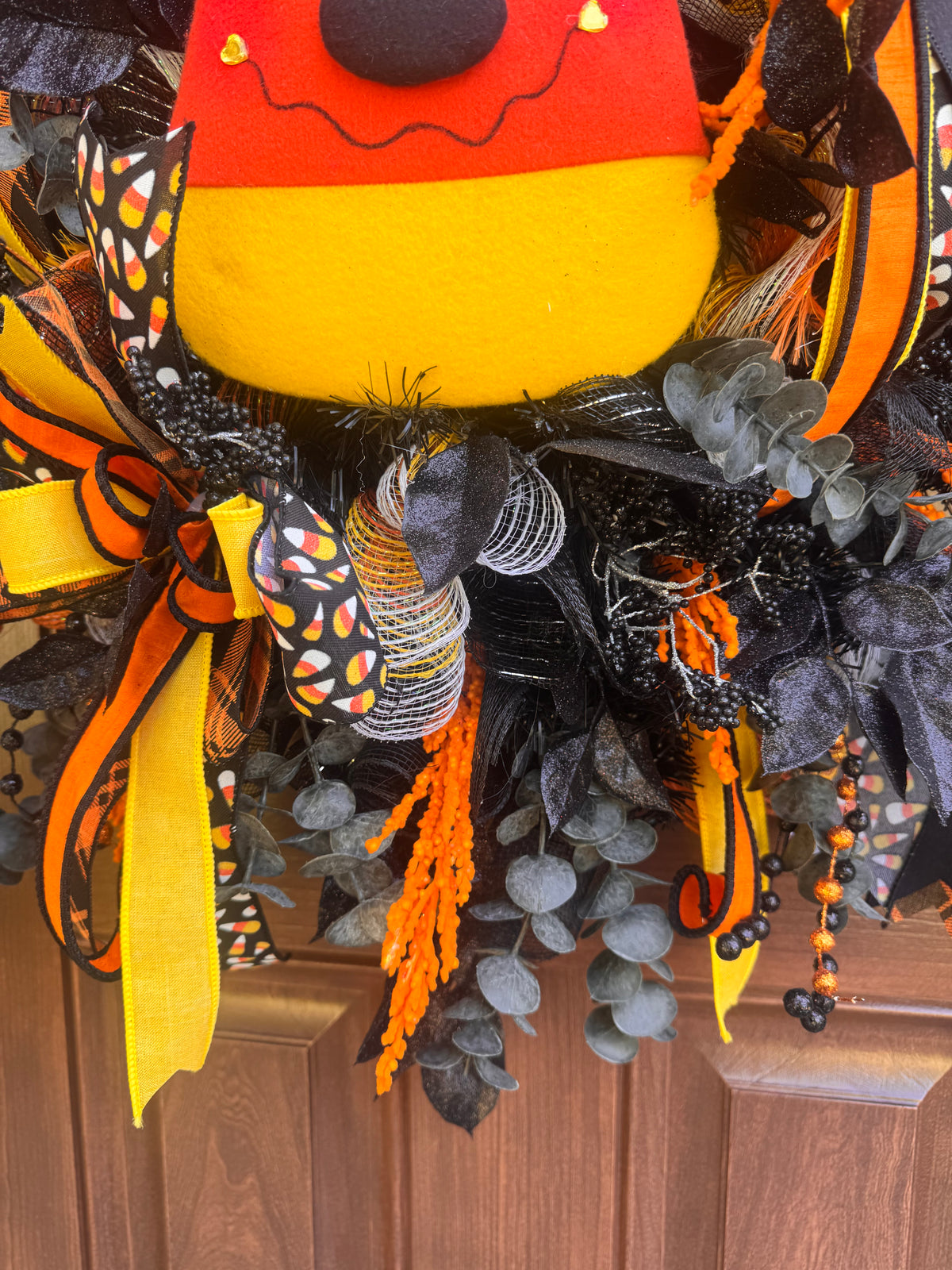 Candy Corn Witch Wreath for Front Door Whimsical Halloween Home Decor for Outdoor Porch or Indoor Office Wall Hanging Halloween Goth Party