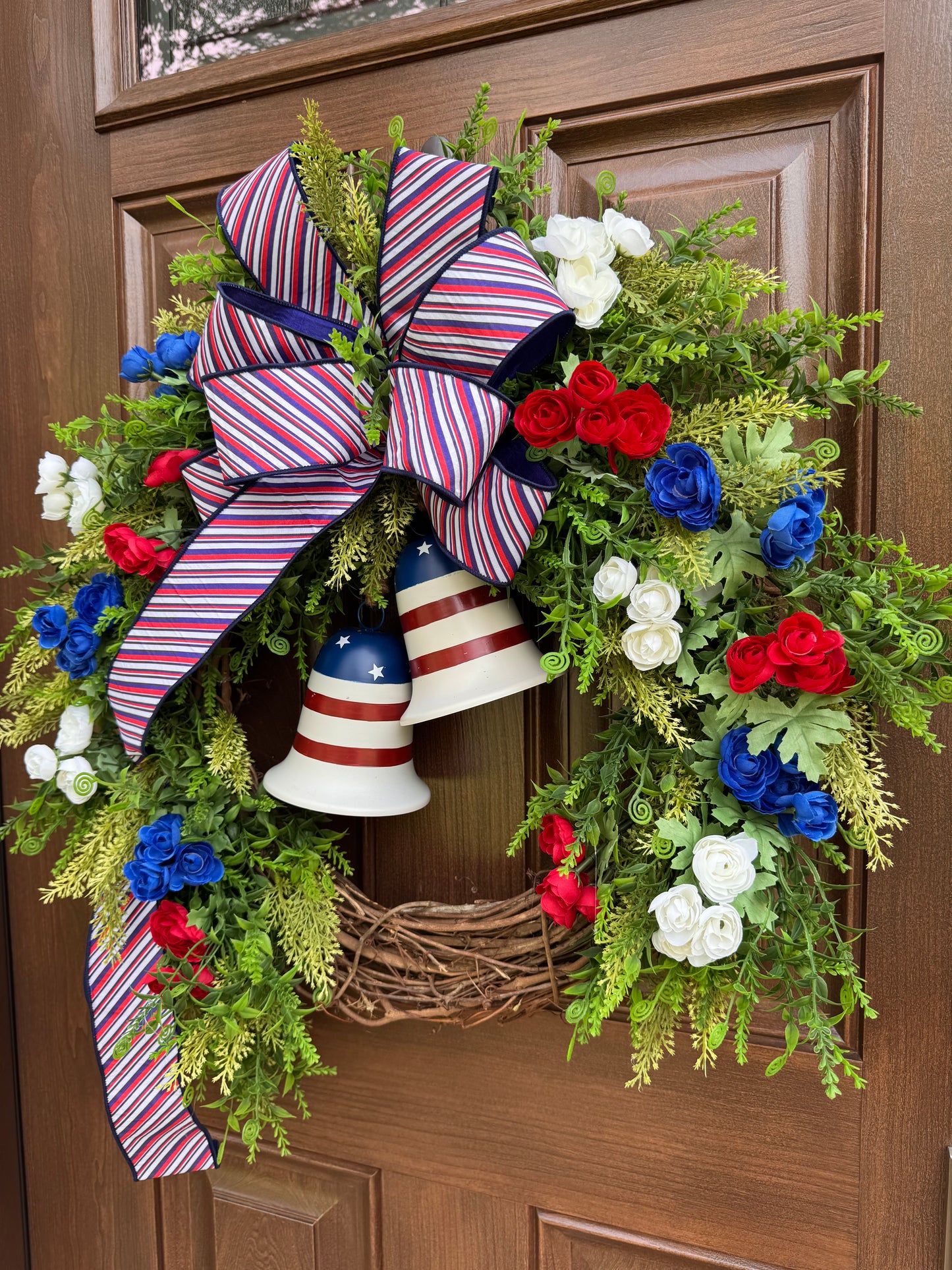Patriotic Grapevine Wreath with Bells, Red White Blue Front Door Wreath, Americana Summer Door Decor