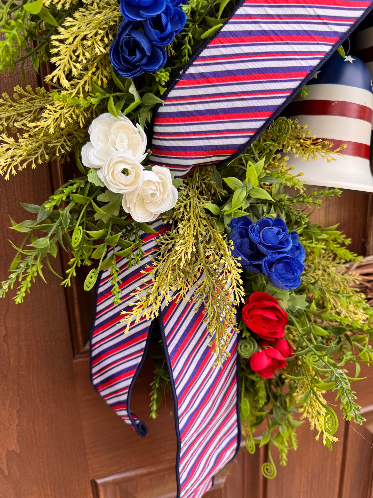 Patriotic Grapevine Wreath with Bells, Red White Blue Front Door Wreath, Americana Summer Door Decor