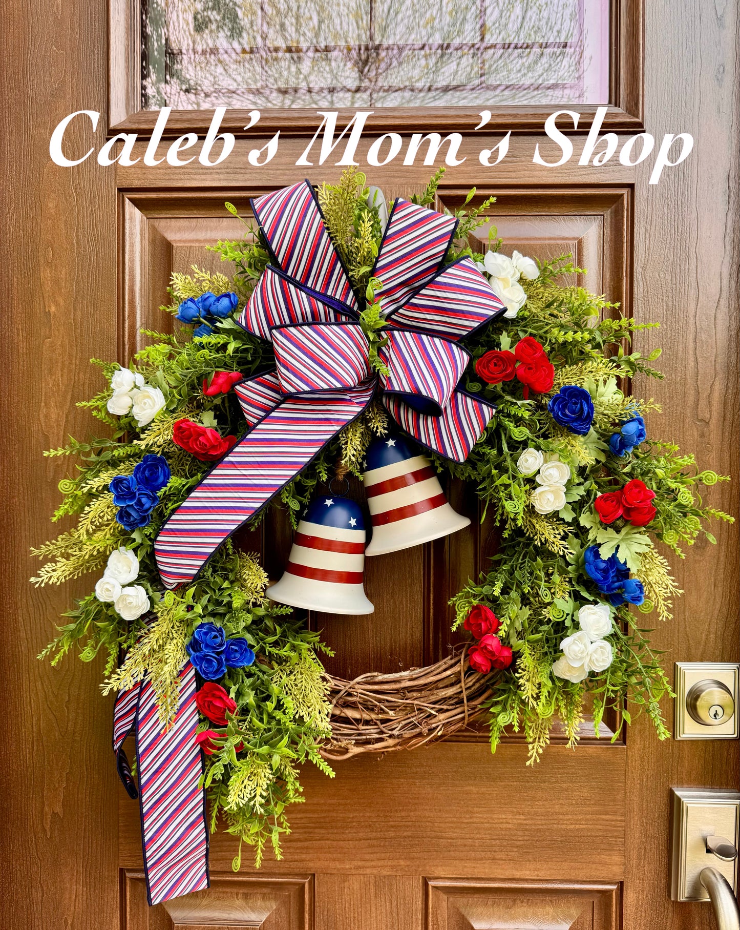 Patriotic Grapevine Wreath with Bells, Red White Blue Front Door Wreath, Americana Summer Door Decor