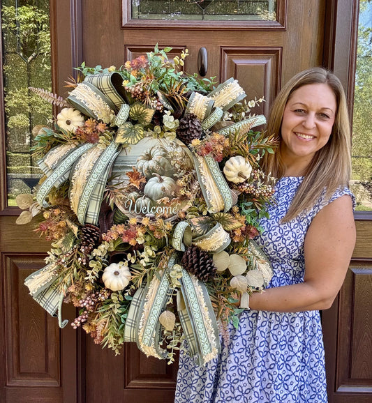 Welcome Fall Wreath, Rustic Pumpkin Wreath, Autumn Front Door Decor, Farmhouse Thanksgiving Wreath, Woodland Fall Door Hanger