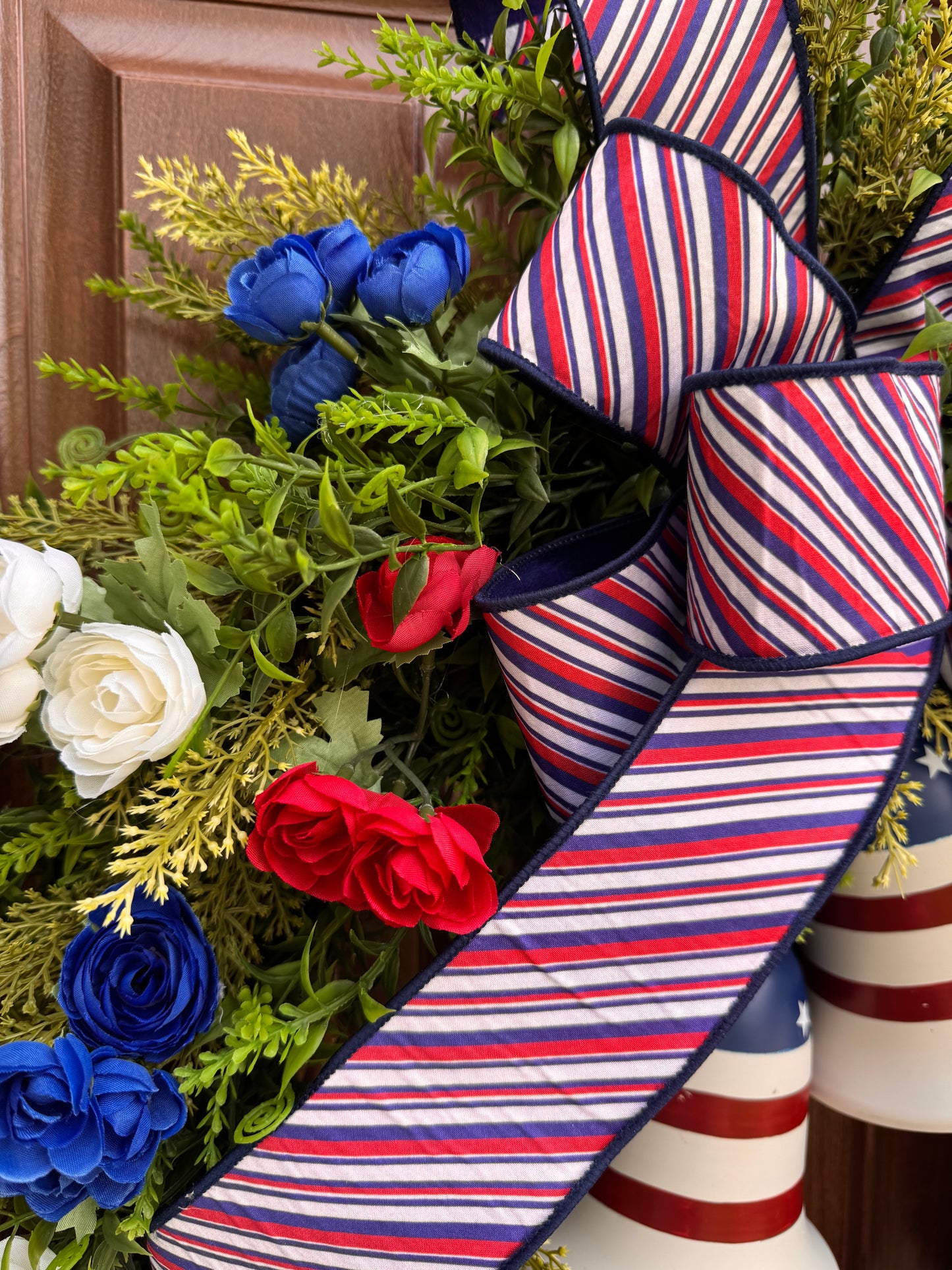 Patriotic Grapevine Wreath with Bells, Red White Blue Front Door Wreath, Americana Summer Door Decor