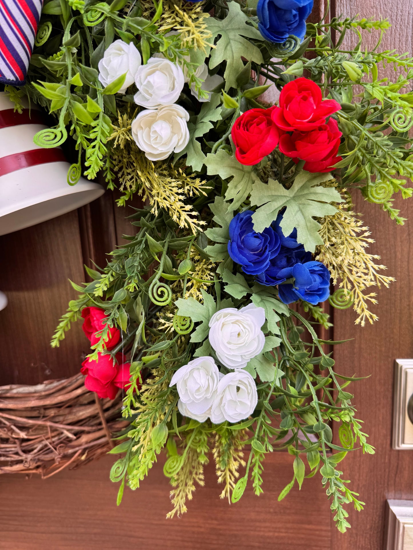 Patriotic Grapevine Wreath with Bells, Red White Blue Front Door Wreath, Americana Summer Door Decor