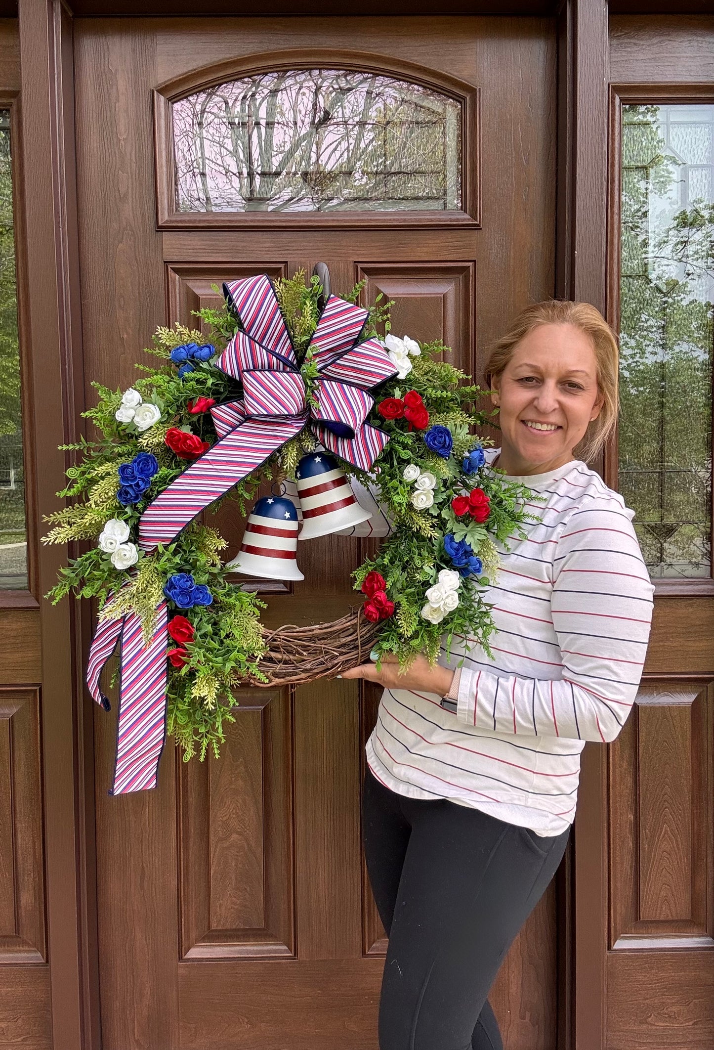 Patriotic Grapevine Wreath with Bells, Red White Blue Front Door Wreath, Americana Summer Door Decor