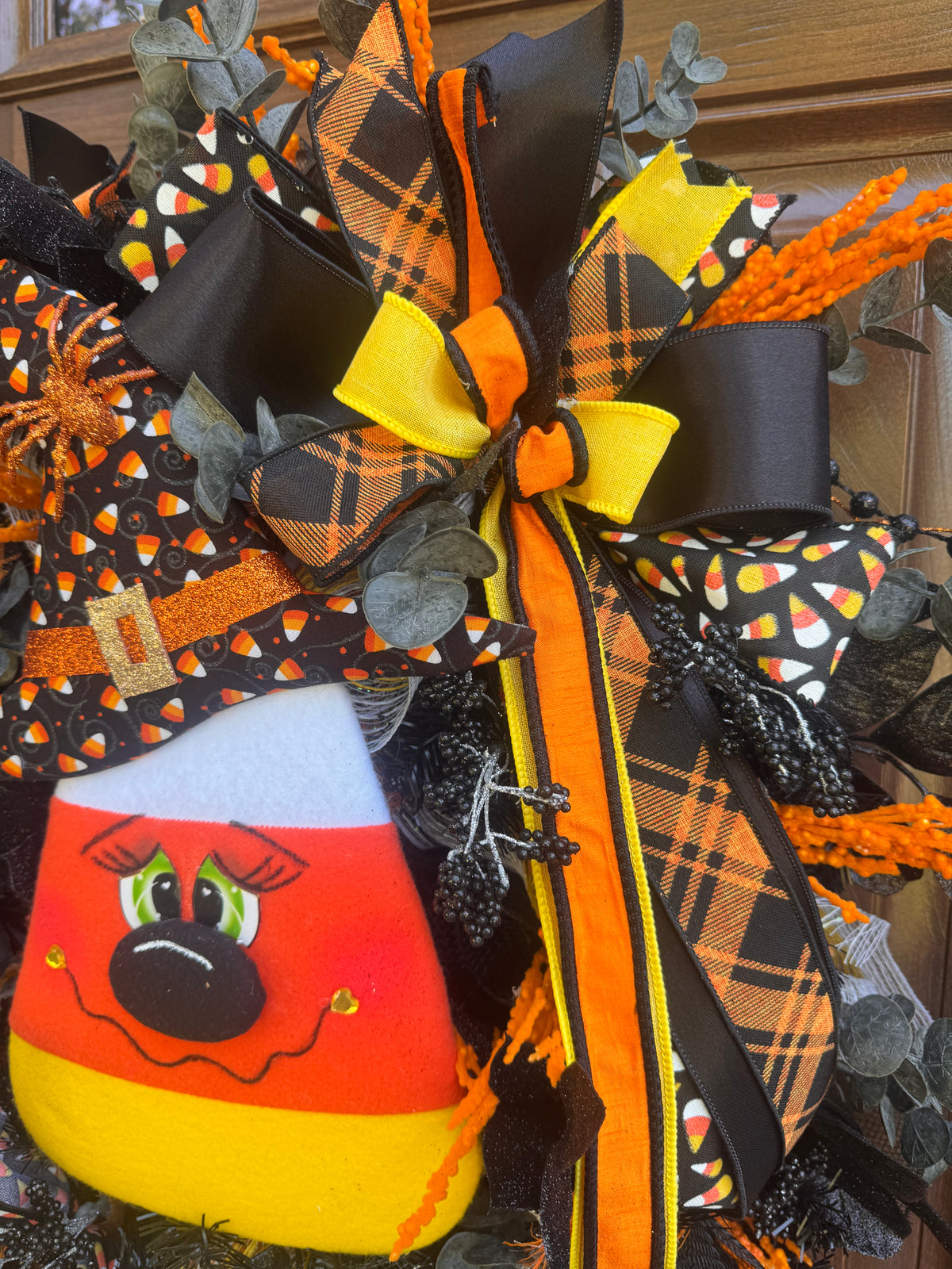 Candy Corn Witch Wreath for Front Door Whimsical Halloween Home Decor for Outdoor Porch or Indoor Office Wall Hanging Halloween Goth Party